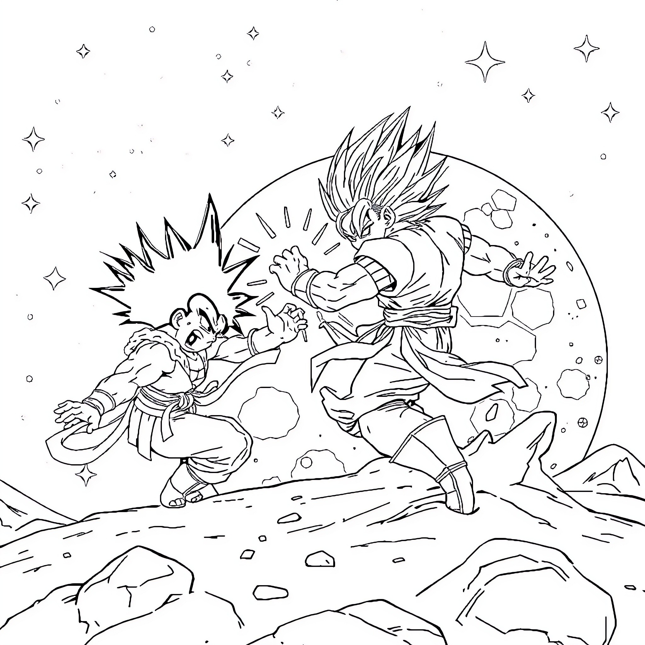 Sangoku warriors in fierce battle under the starry sky Coloring Page (free black-and-white line drawing printable PDF for all, from beginners to advanced learners, including children, teens, adults, and seniors)