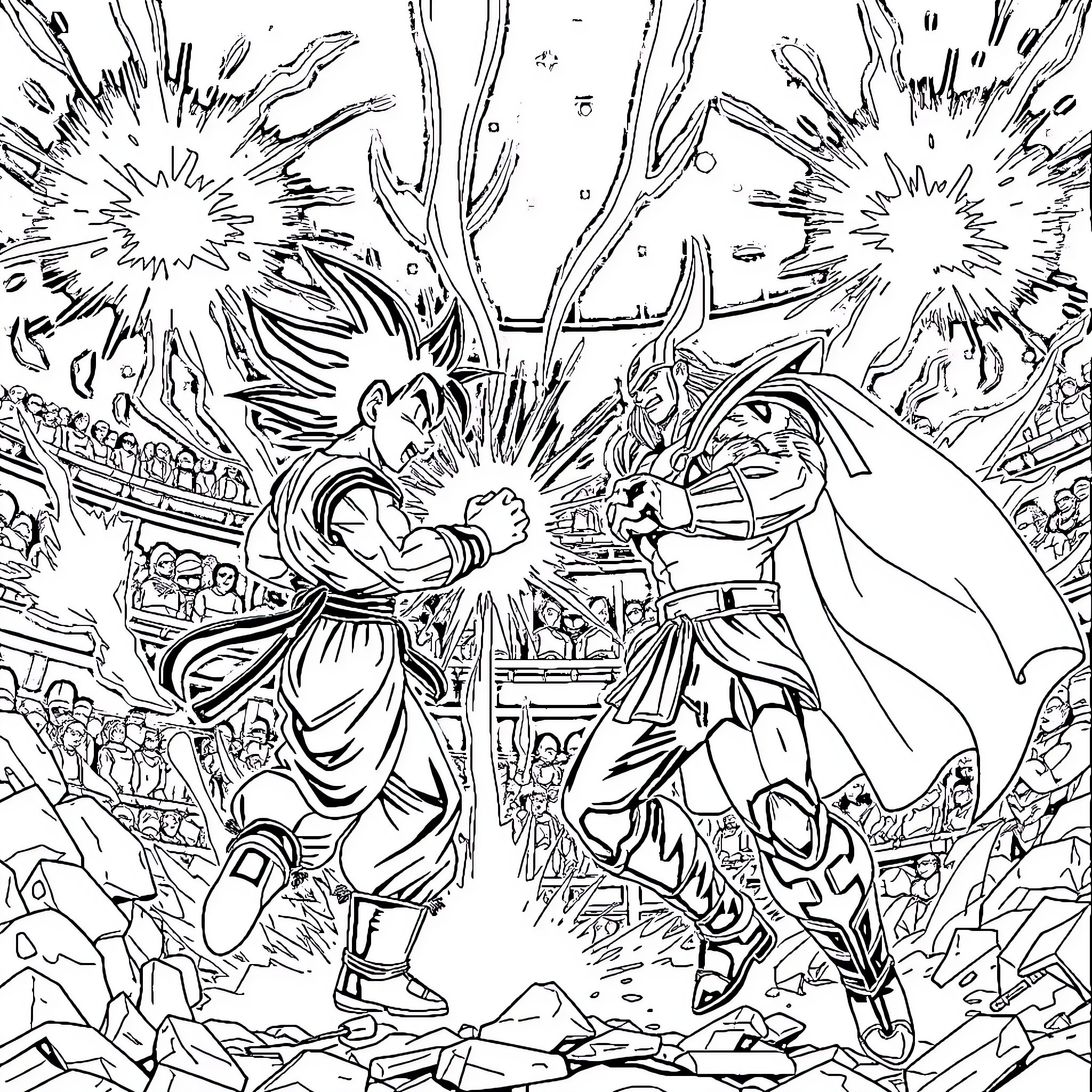 Vegeta's Intense Battle in the Arena Coloring Page (free black-and-white line drawing printable PDF for all, from beginners to advanced learners, including children, teens, adults, and seniors)