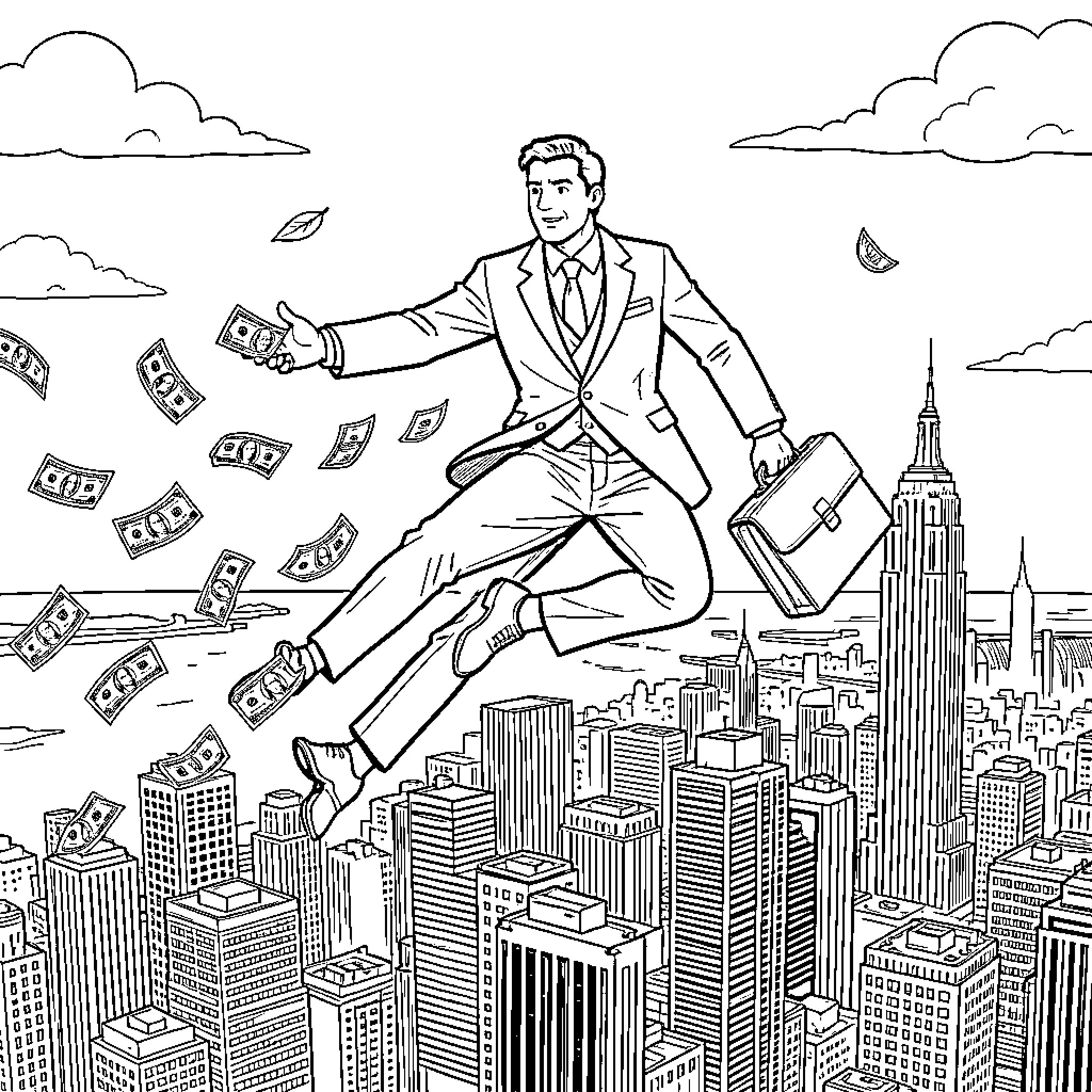 Hombre flying over cityscape with money Coloring Page (free black-and-white line drawing printable PDF for all, from beginners to advanced learners, including children, teens, adults, and seniors)