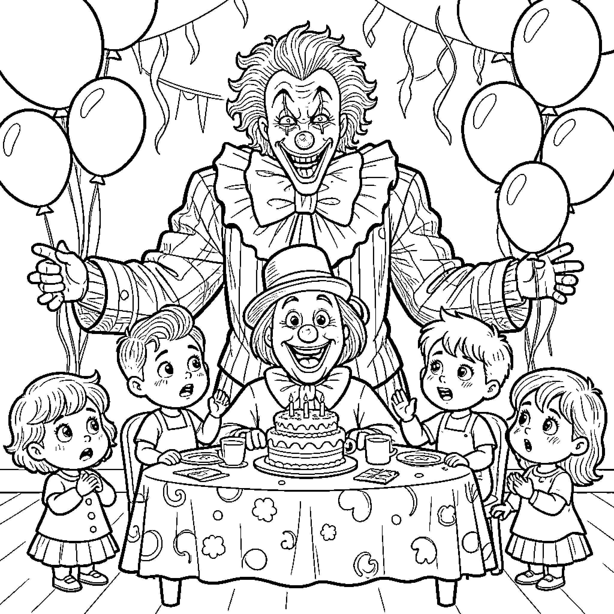 Pennywise celebrating a birthday party with children Coloring Page (free black-and-white line drawing printable PDF for all, from beginners to advanced learners, including children, teens, adults, and seniors)