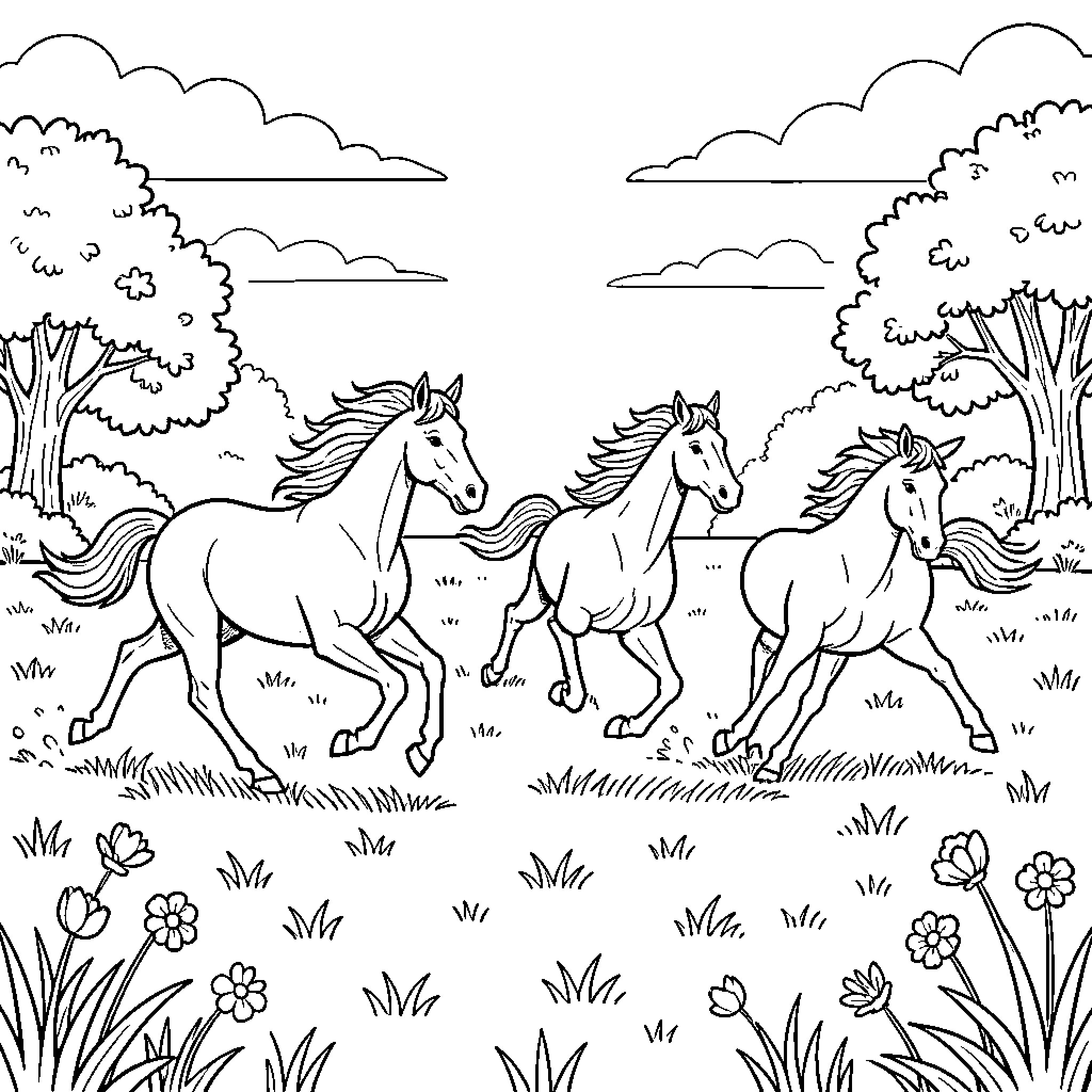 Horses galloping freely in the countryside Coloring Page (free black-and-white line drawing printable PDF for all, from beginners to advanced learners, including children, teens, adults, and seniors)