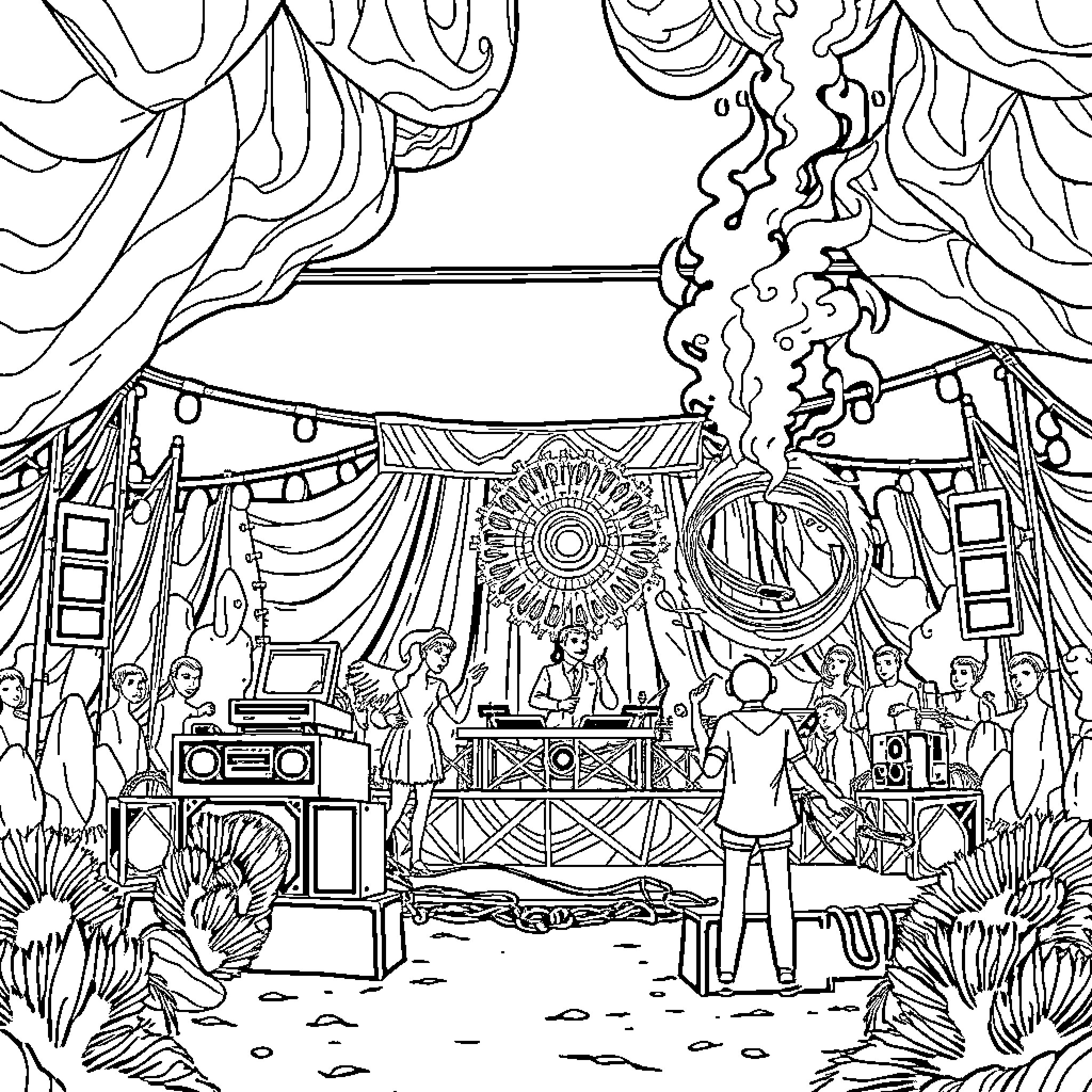 DJ Performing at Festive Outdoor Carnival Event Coloring Page (free black-and-white line drawing printable PDF for all, from beginners to advanced learners, including children, teens, adults, and seniors)