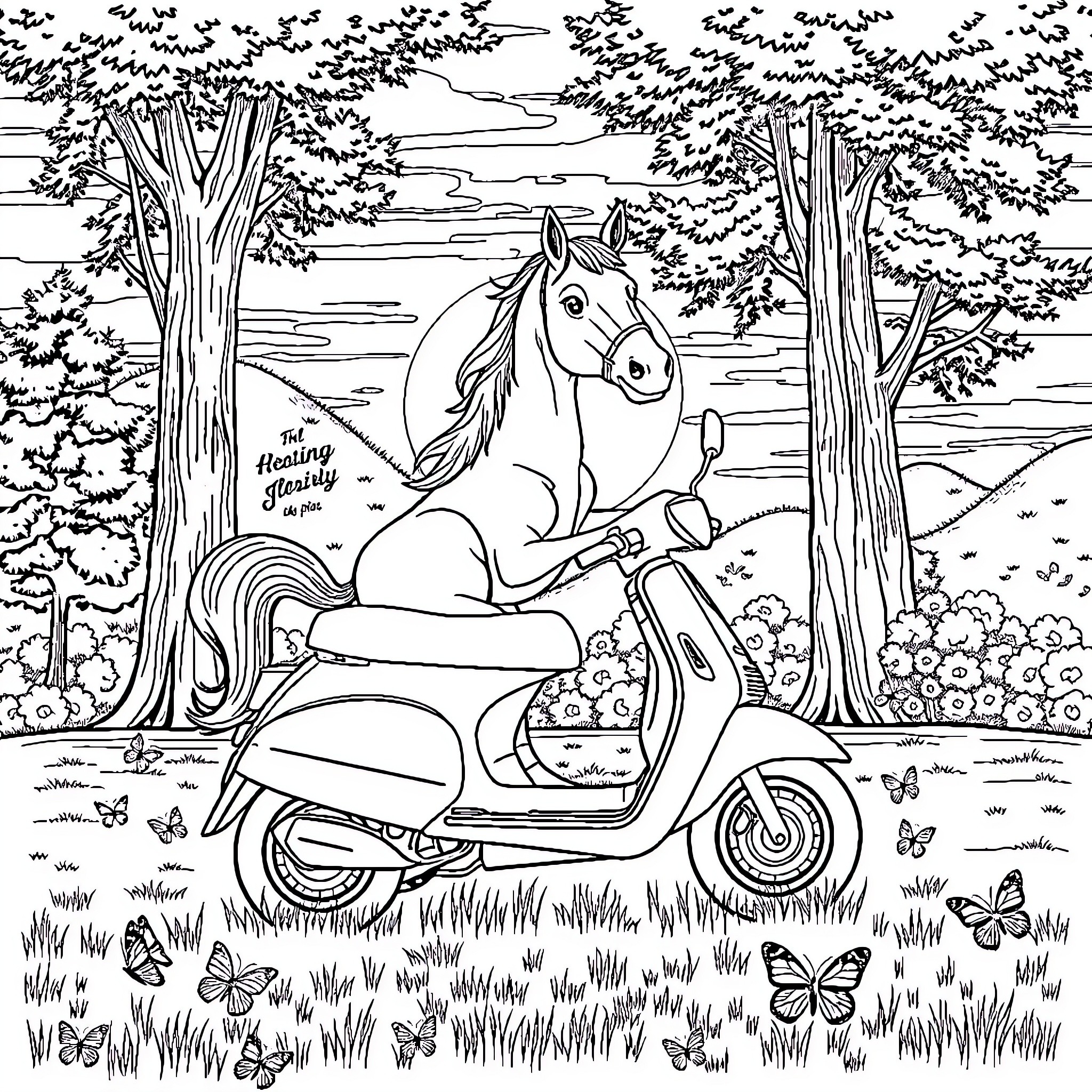 Horse riding scooter through forest landscape Coloring Page (free black-and-white line drawing printable PDF for all, from beginners to advanced learners, including children, teens, adults, and seniors)
