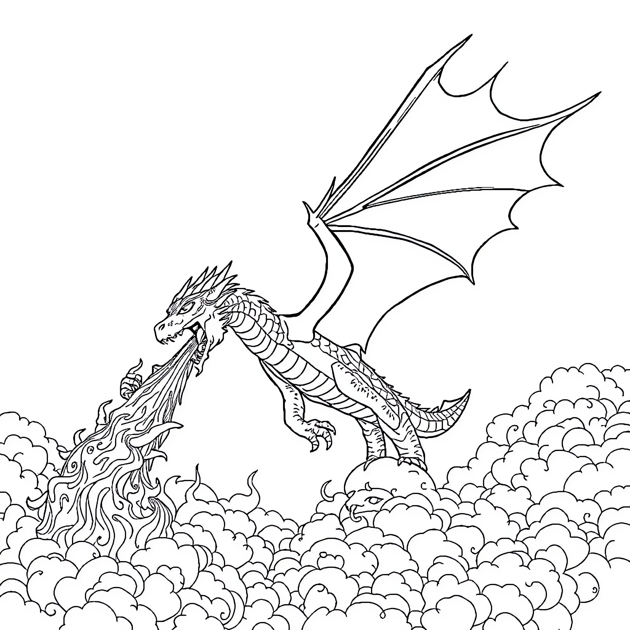 Dracaufeu soaring through the cloudy skies Coloring Page (free black-and-white line drawing printable PDF for all, from beginners to advanced learners, including children, teens, adults, and seniors)