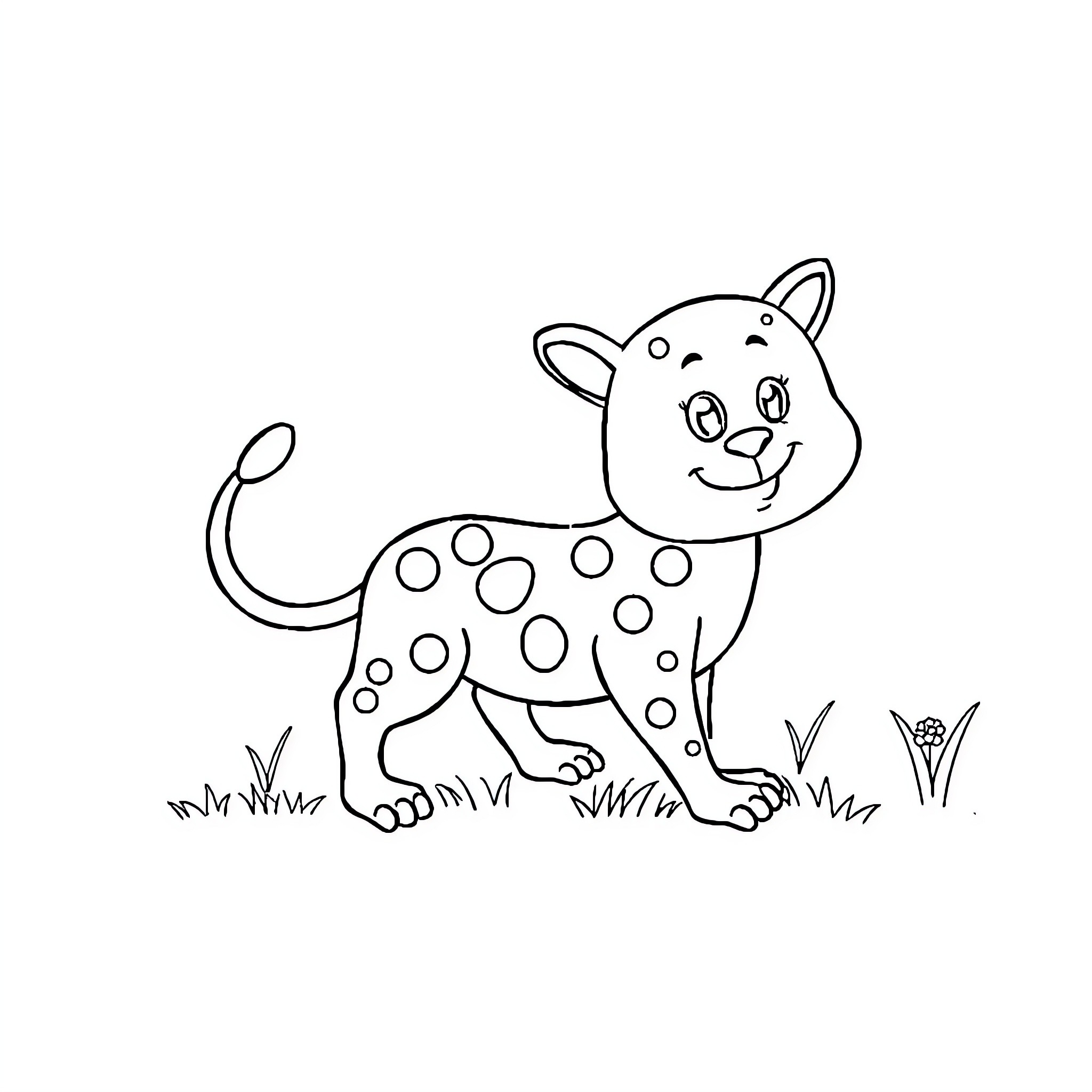 Printable Playful Spotted Cat in Grassy Scene Coloring Page (free black-and-white line drawing printable PDF for all, from beginners to advanced learners, including children, teens, adults, and seniors)