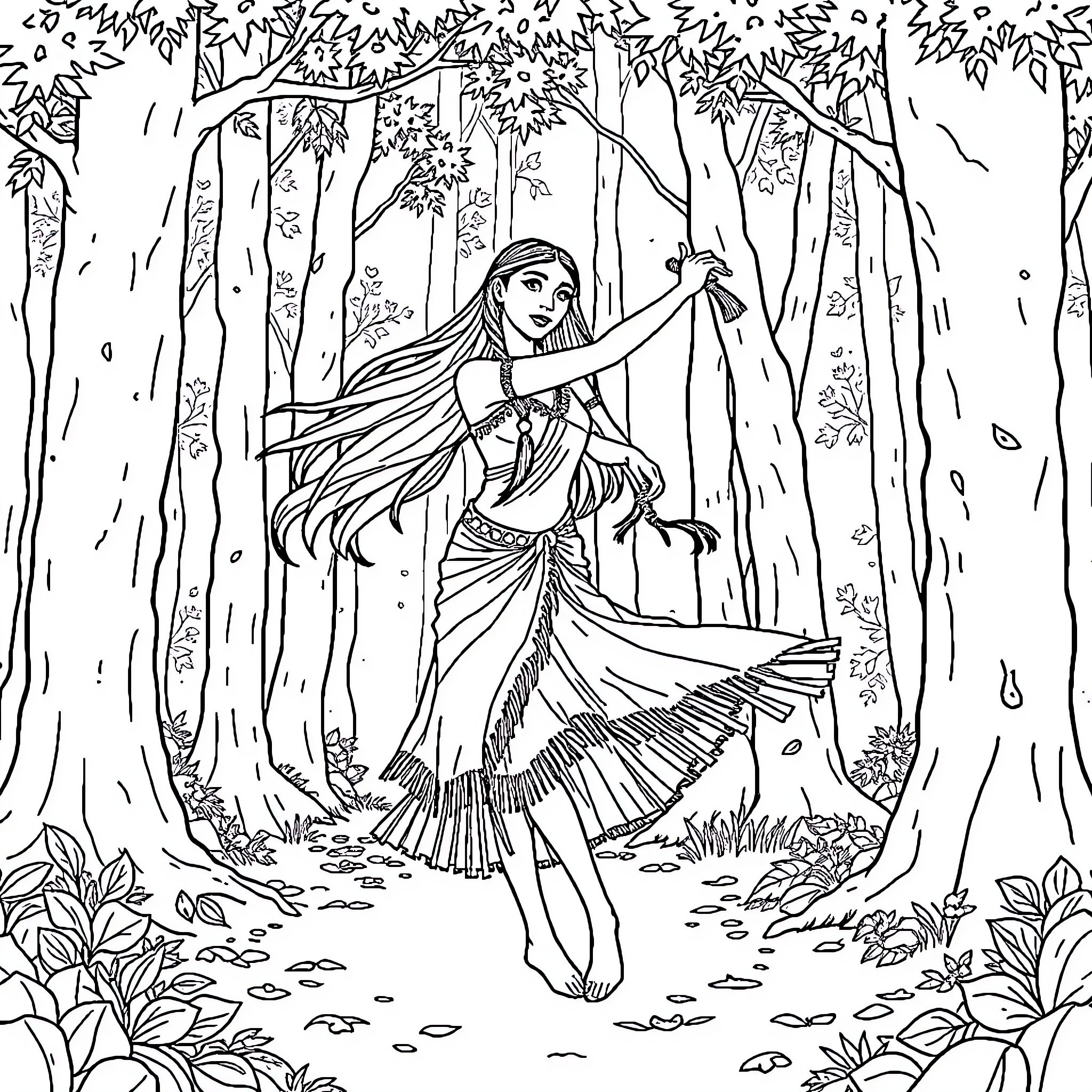 Pocahontas dancing gracefully in the forest Coloring Page (free black-and-white line drawing printable PDF for all, from beginners to advanced learners, including children, teens, adults, and seniors)