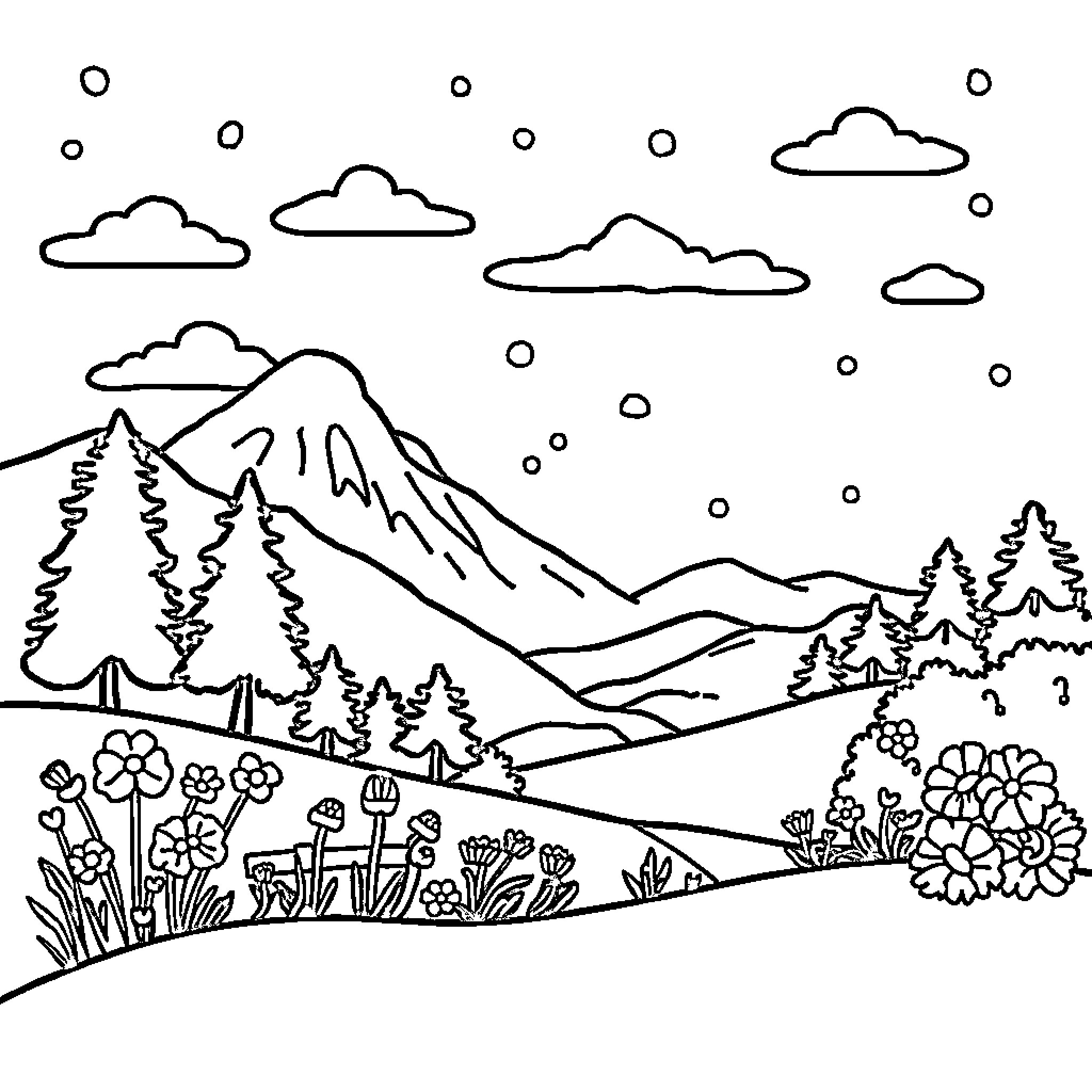 Number Mountain Landscape with Flowers and Clouds Coloring Page (free black-and-white line drawing printable PDF for all, from beginners to advanced learners, including children, teens, adults, and seniors)