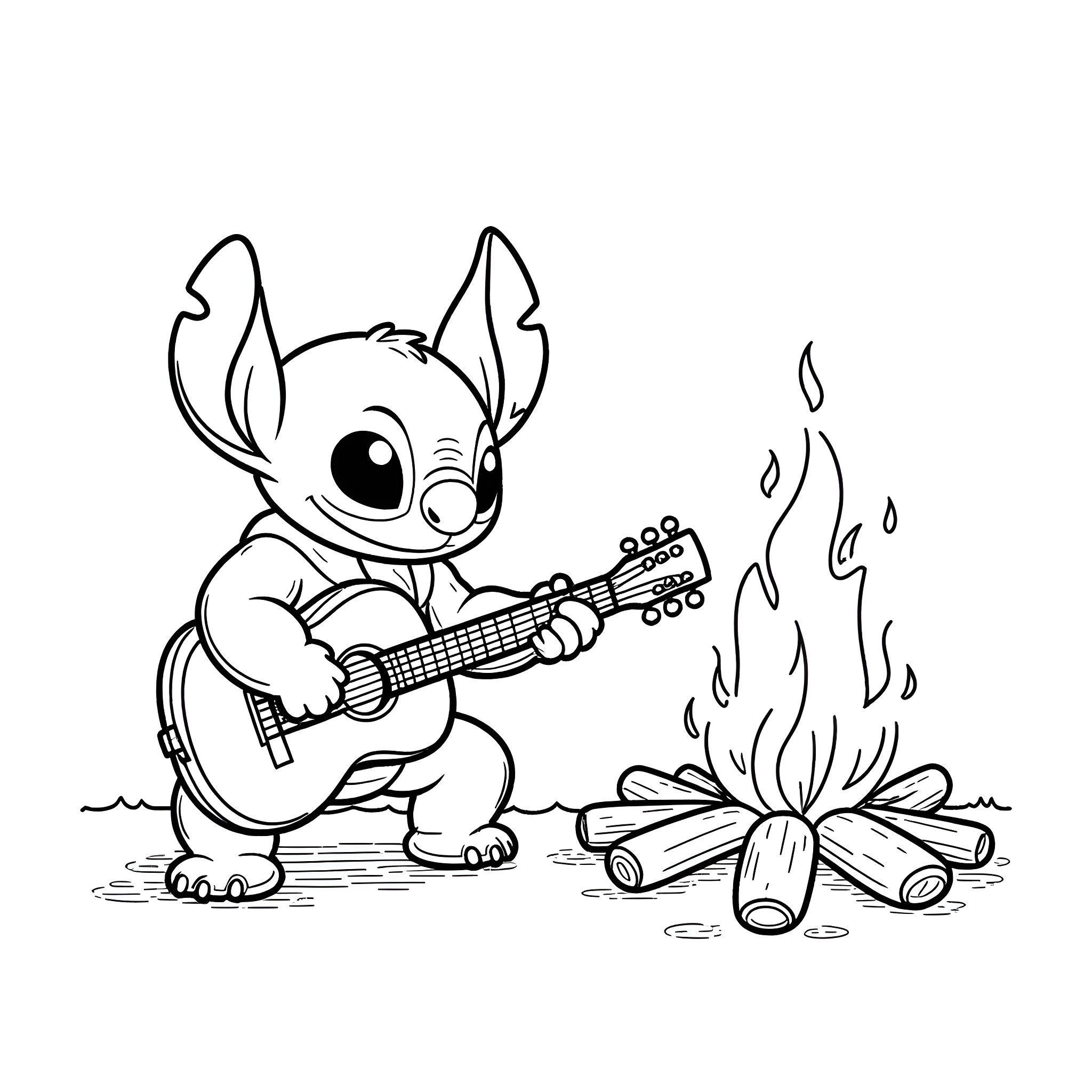 Stitch playing guitar by the campfire Coloring Page (free black-and-white line drawing printable PDF for all, from beginners to advanced learners, including children, teens, adults, and seniors)