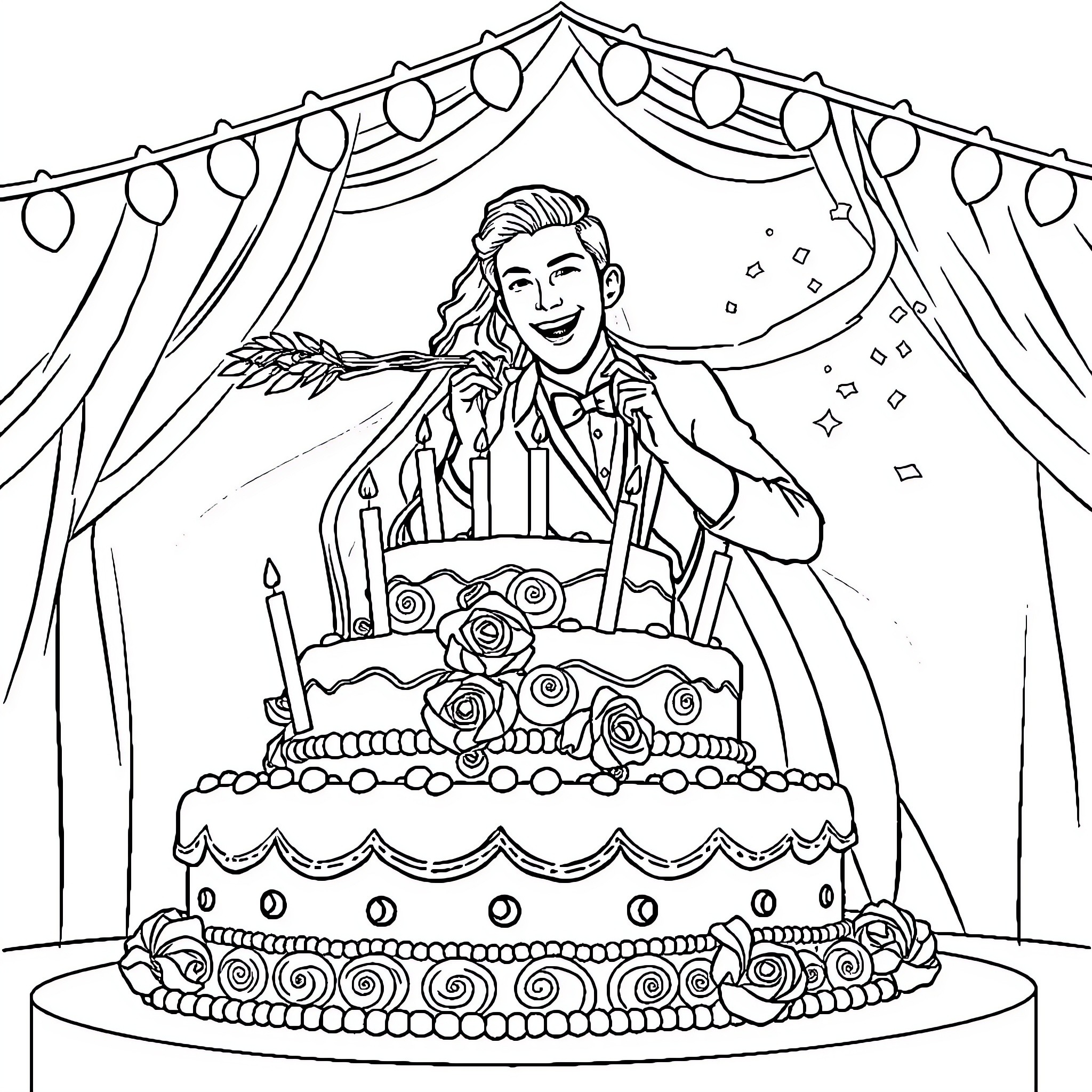 Wedding Couple Celebrating with Cake and Curtains Coloring Page (free black-and-white line drawing printable PDF for all, from beginners to advanced learners, including children, teens, adults, and seniors)