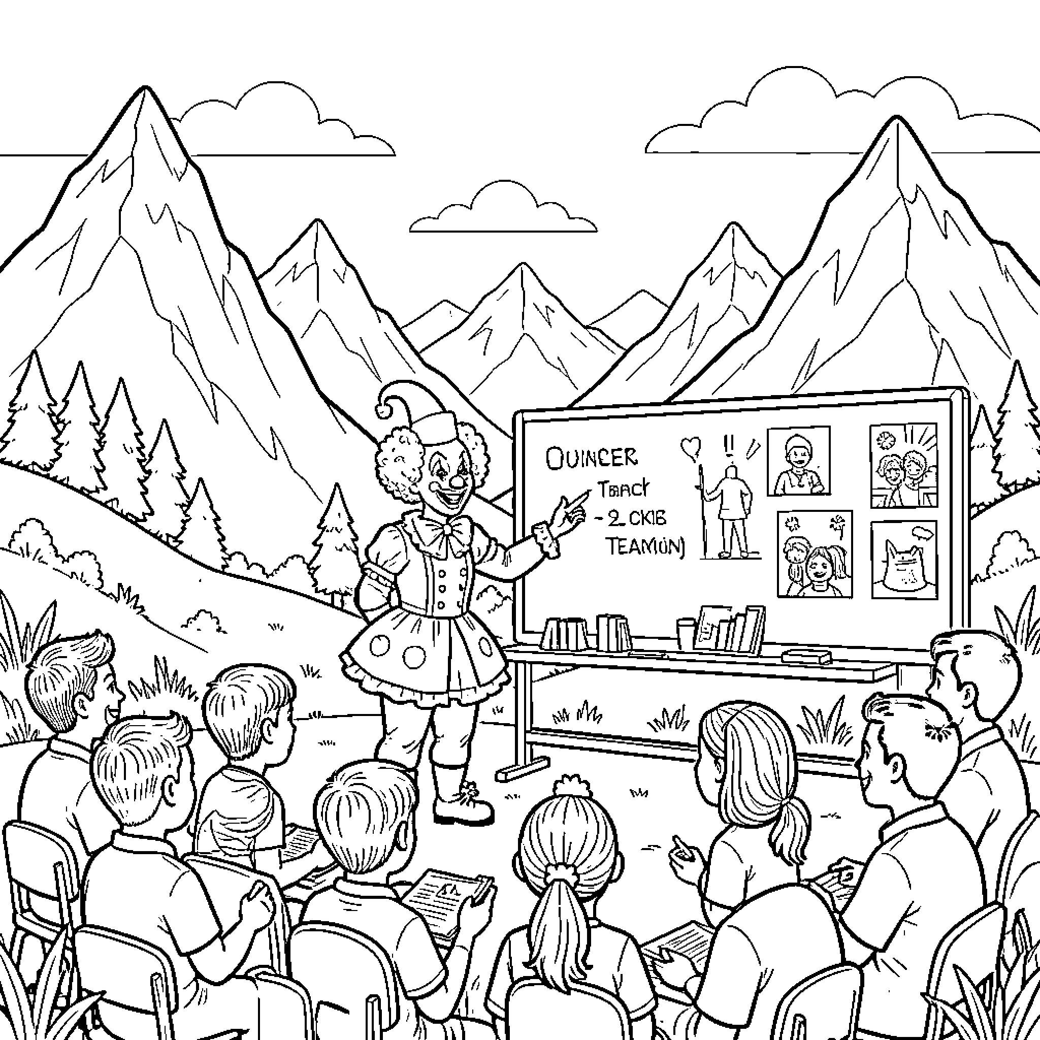 Clown teaching a lesson to a group of children Coloring Page (free black-and-white line drawing printable PDF for all, from beginners to advanced learners, including children, teens, adults, and seniors)
