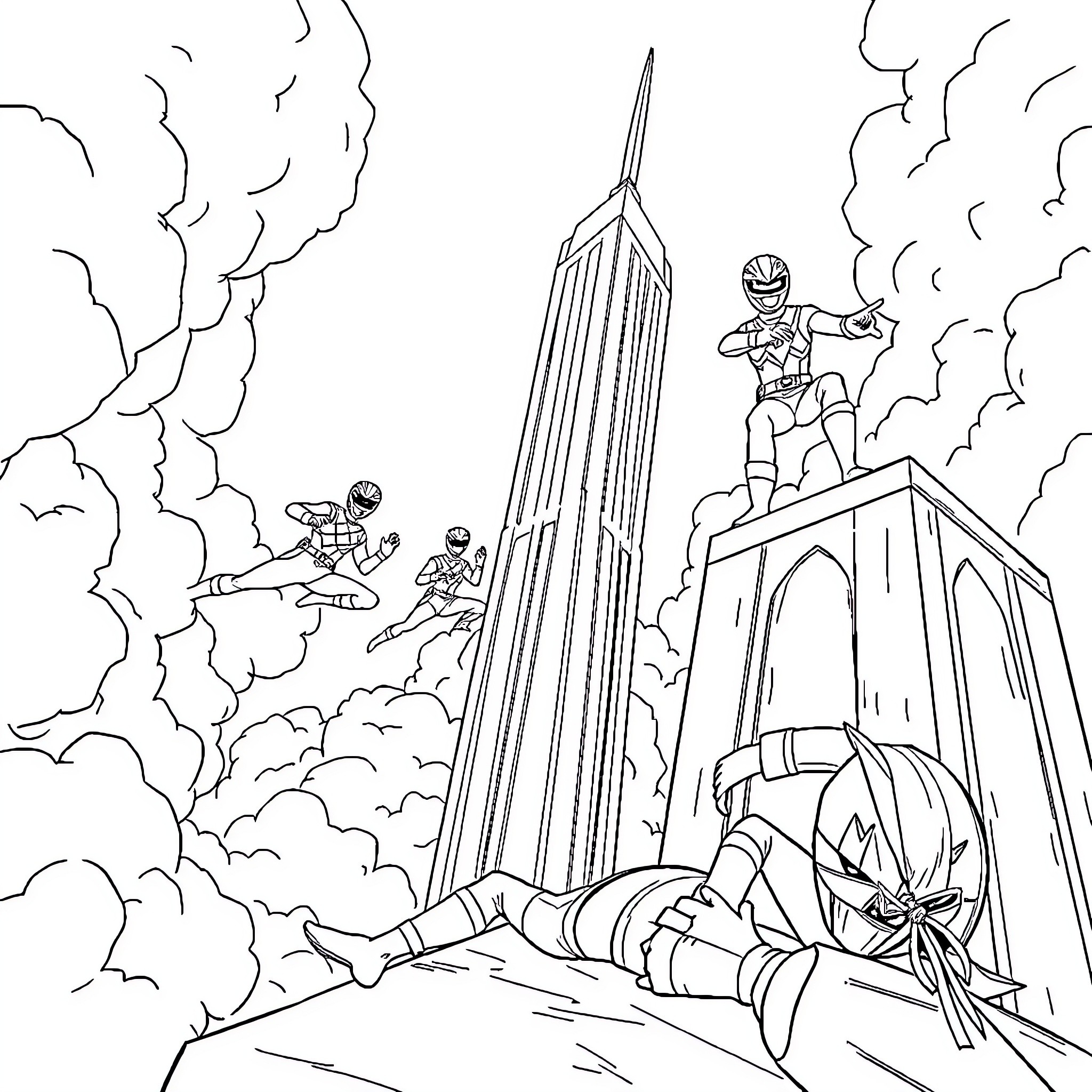 Power Rangers Heroically Defend the City Coloring Page (free black-and-white line drawing printable PDF for all, from beginners to advanced learners, including children, teens, adults, and seniors)