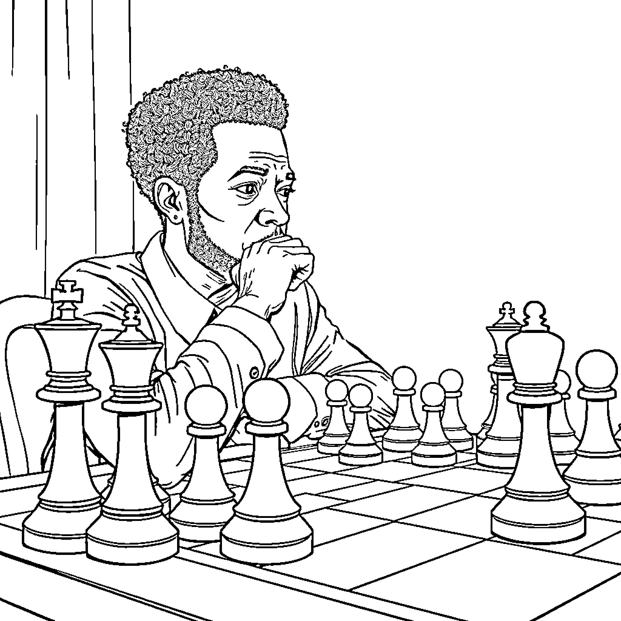 RuPaul contemplating chess strategy Coloring Page (free black-and-white line drawing printable PDF for all, from beginners to advanced learners, including children, teens, adults, and seniors)