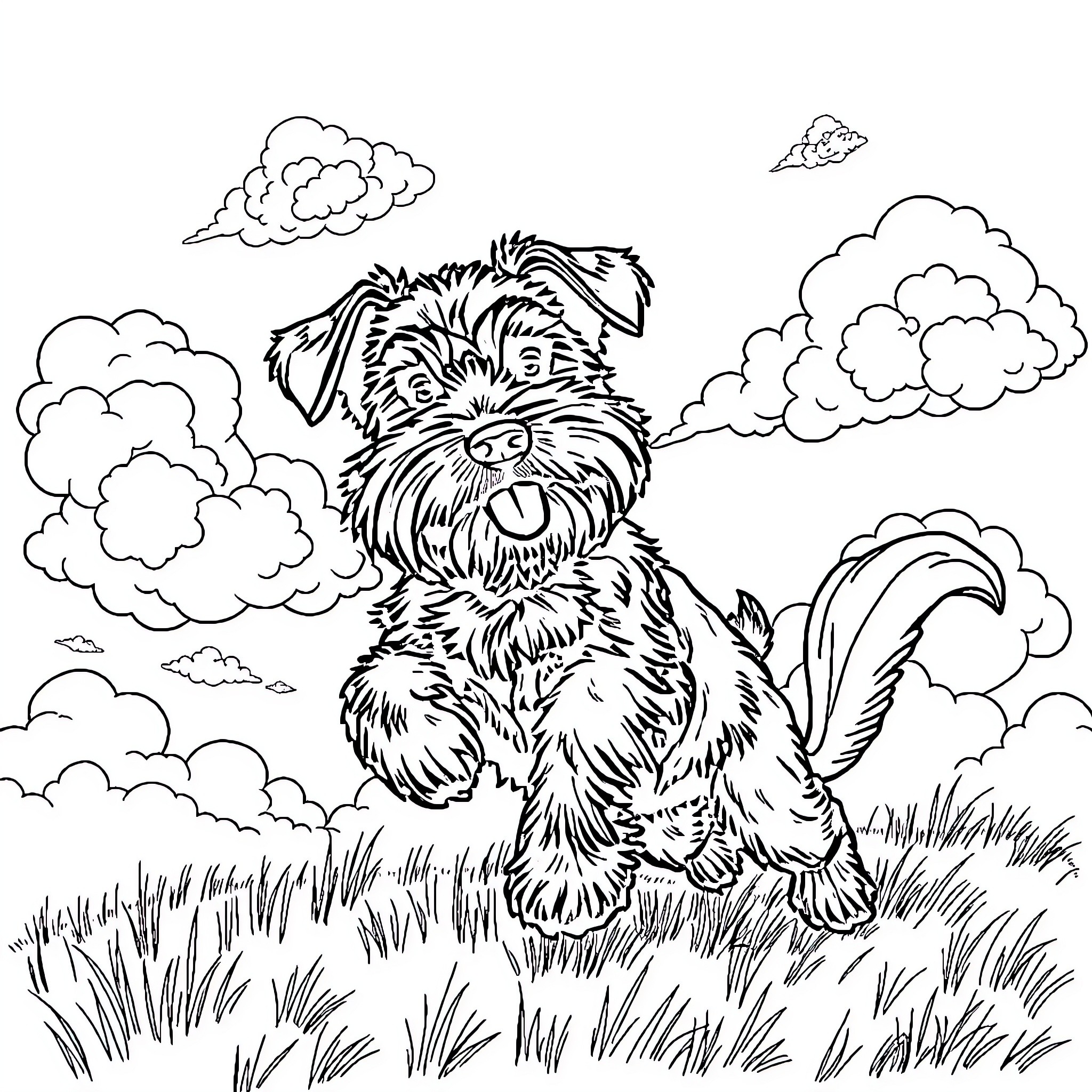 Schnauzer playing happily in the grassy field Coloring Page (free black-and-white line drawing printable PDF for all, from beginners to advanced learners, including children, teens, adults, and seniors)
