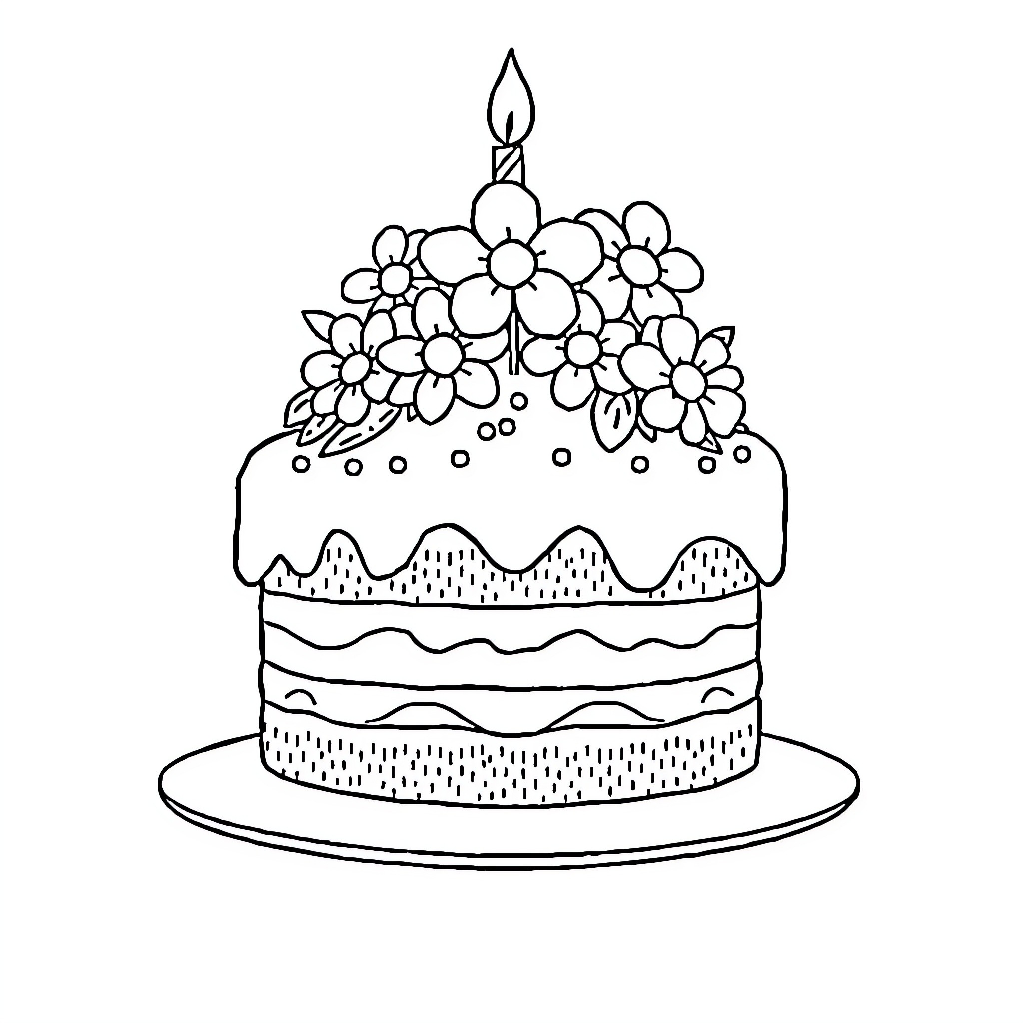Cake decorated with flowers and candle Coloring Page (free black-and-white line drawing printable PDF for all, from beginners to advanced learners, including children, teens, adults, and seniors)
