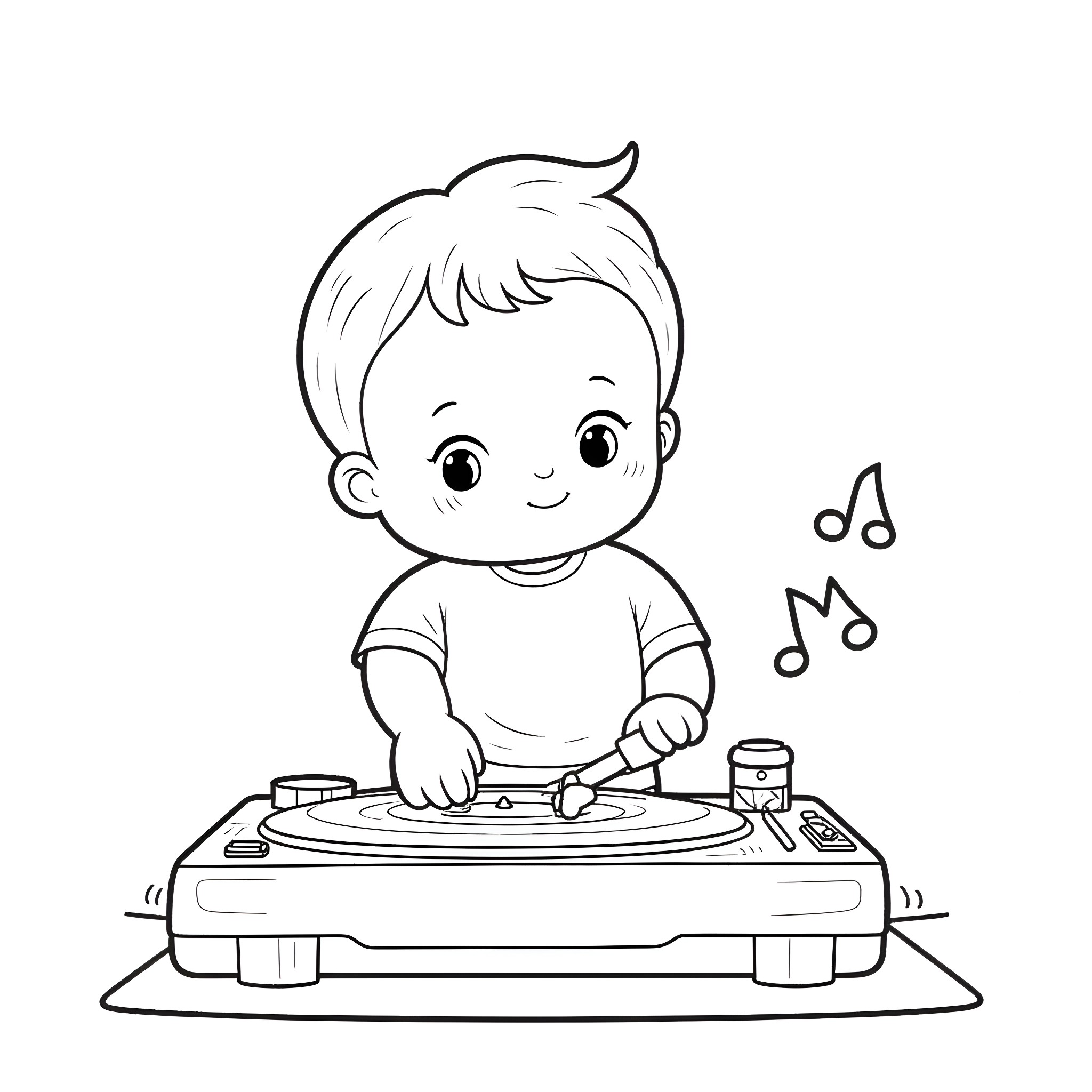 Baby playing with a music turntable Coloring Page (free black-and-white line drawing printable PDF for all, from beginners to advanced learners, including children, teens, adults, and seniors)