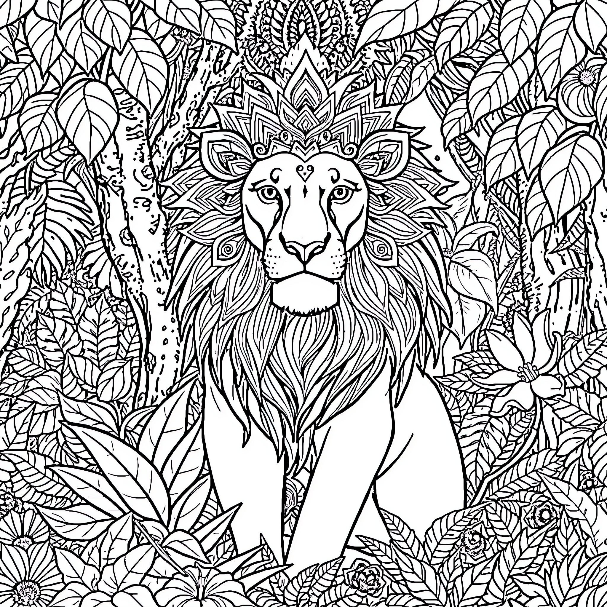 Lion in the Floral Jungle Coloring Page (free black-and-white line drawing printable PDF for all, from beginners to advanced learners, including children, teens, adults, and seniors)