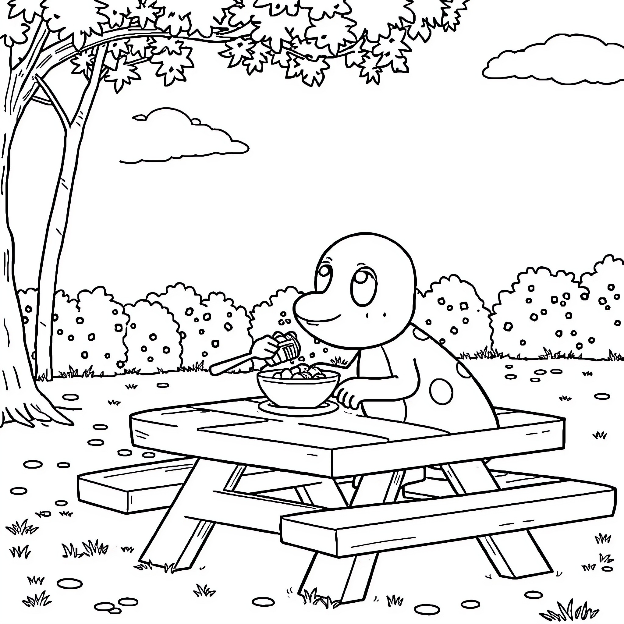 Patrouille of a creature enjoying a picnic in nature Coloring Page (free black-and-white line drawing printable PDF for all, from beginners to advanced learners, including children, teens, adults, and seniors)