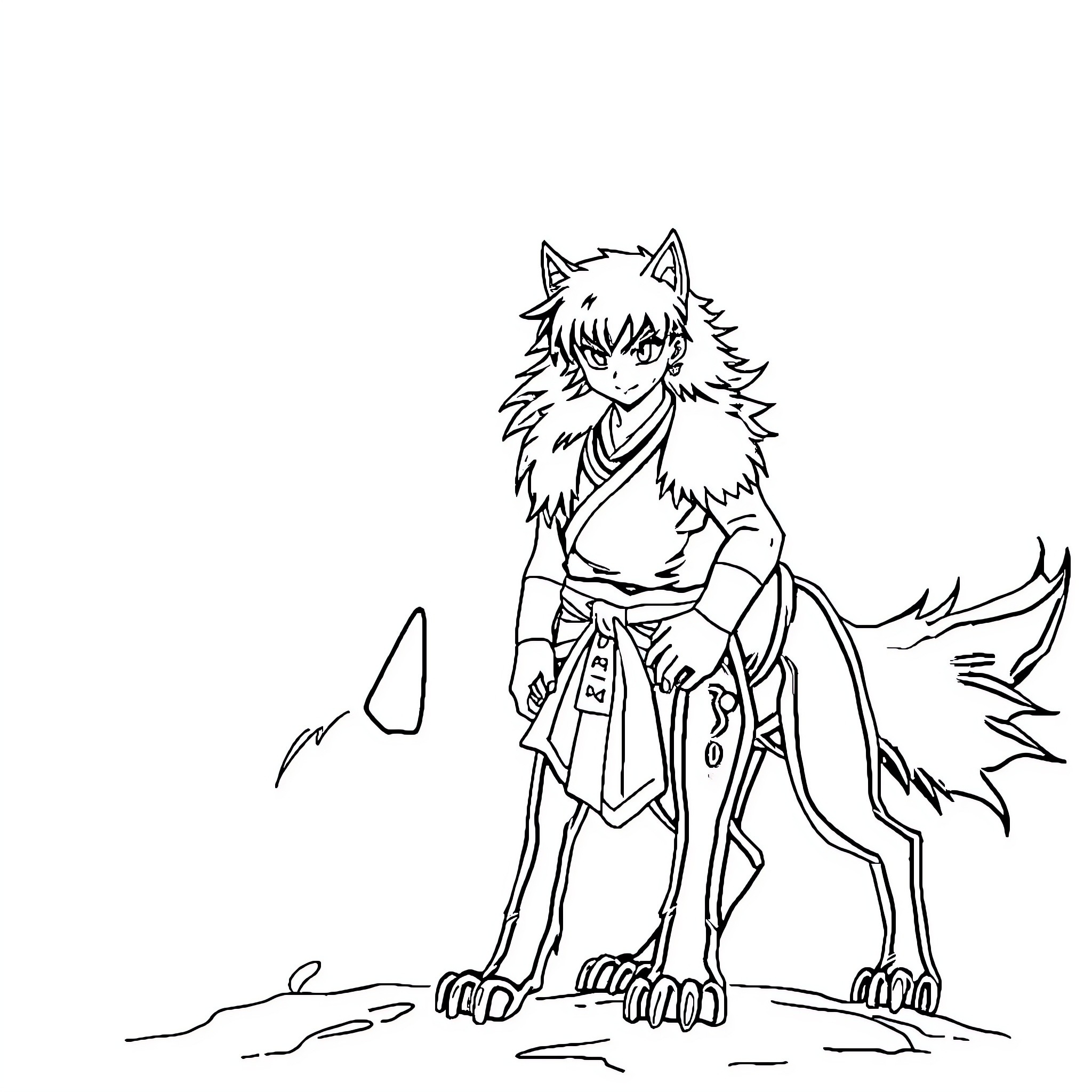 Inuyasha in action with unique outfit and expression Coloring Page (free black-and-white line drawing printable PDF for all, from beginners to advanced learners, including children, teens, adults, and seniors)