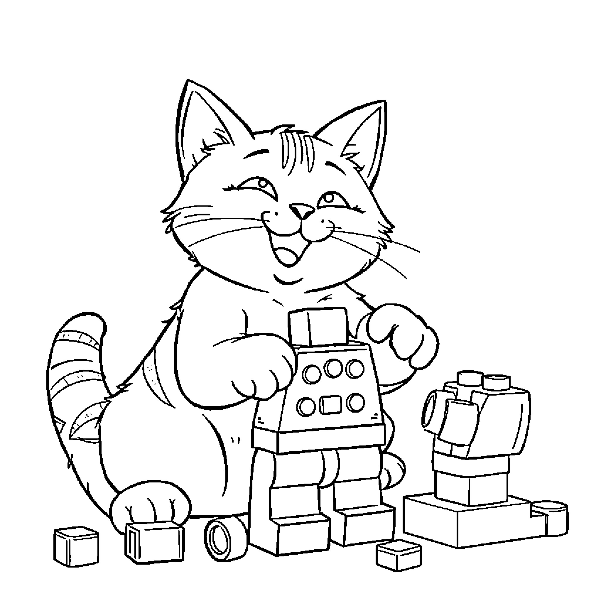 Cat playing with building blocks Coloring Page (free black-and-white line drawing printable PDF for all, from beginners to advanced learners, including children, teens, adults, and seniors)
