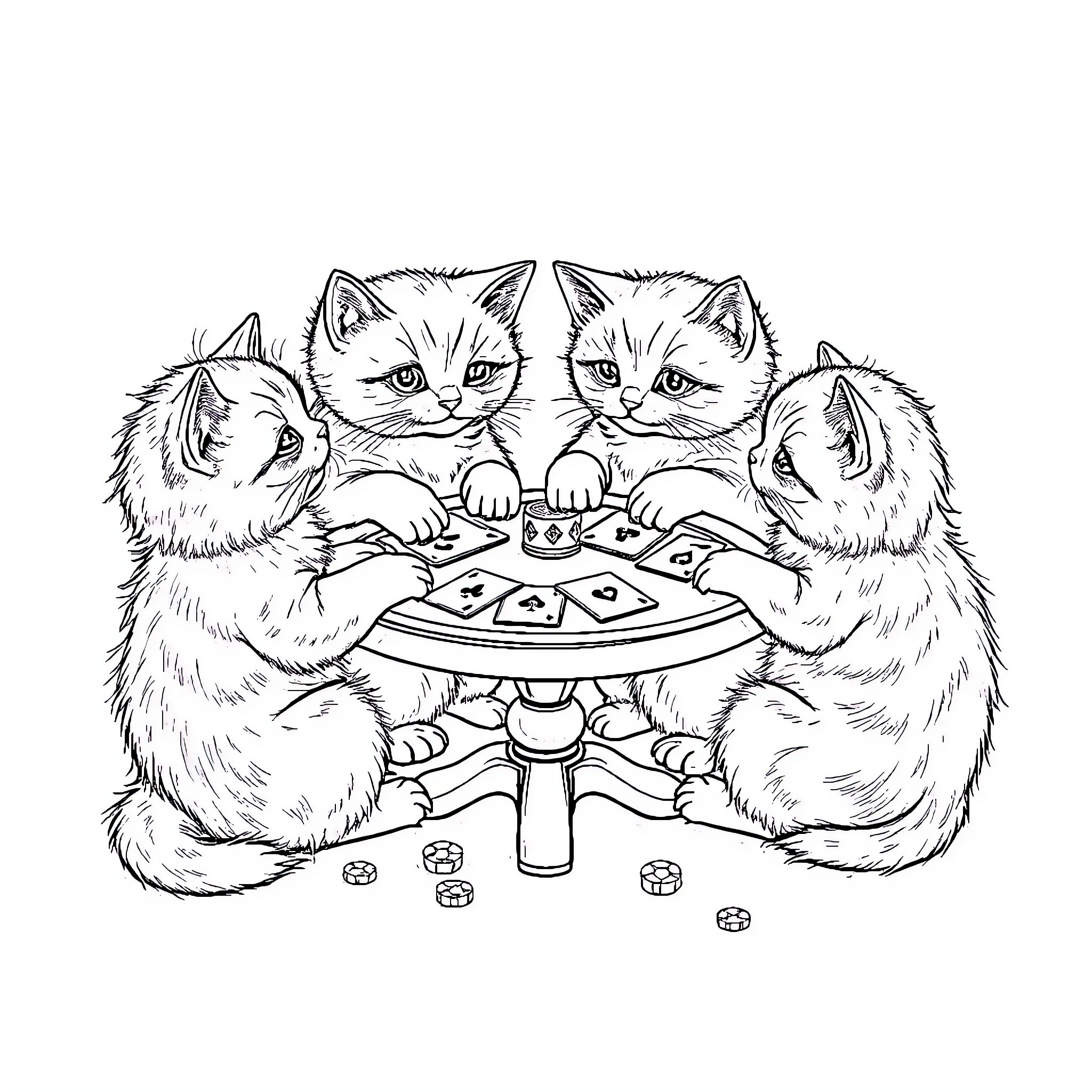 Kittens Playing a Board Game Together Coloring Page (free black-and-white line drawing printable PDF for all, from beginners to advanced learners, including children, teens, adults, and seniors)