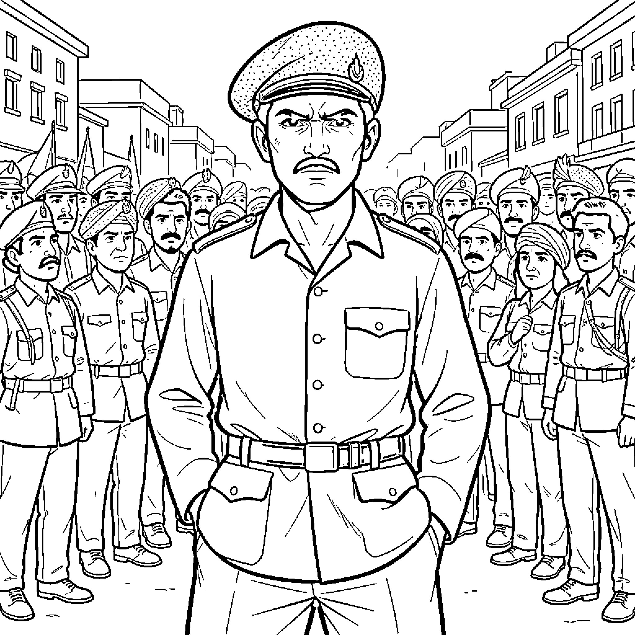 Bhagat Singh leading a crowd of revolutionaries Coloring Page (free black-and-white line drawing printable PDF for all, from beginners to advanced learners, including children, teens, adults, and seniors)