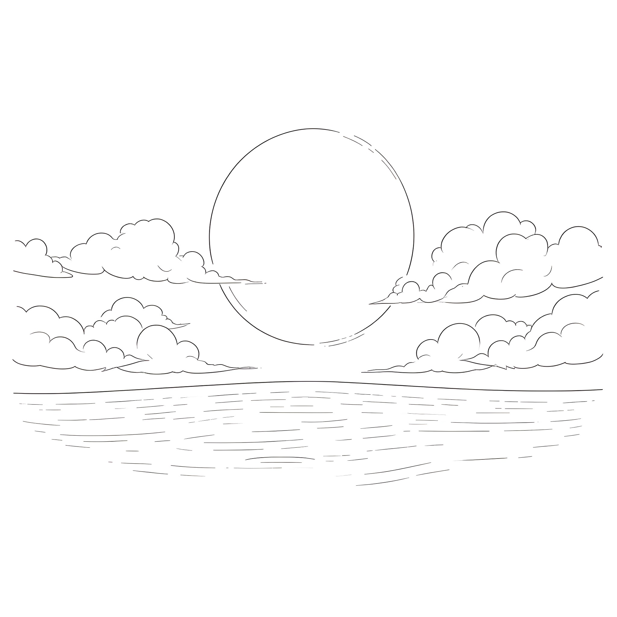 Cloud landscape with serene ocean view Coloring Page (free black-and-white line drawing printable PDF for all, from beginners to advanced learners, including children, teens, adults, and seniors)