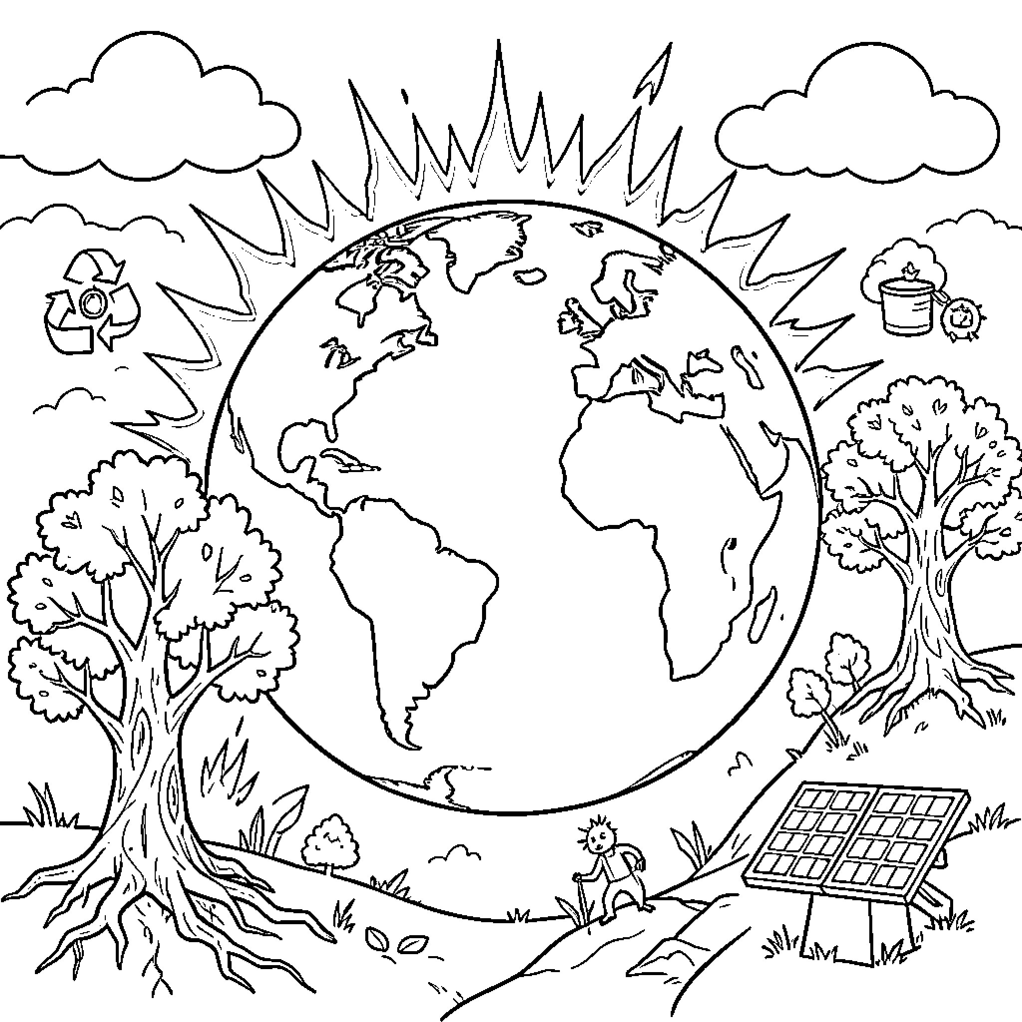Cambio Climático: Earth's Changing Landscape Coloring Page (free black-and-white line drawing printable PDF for all, from beginners to advanced learners, including children, teens, adults, and seniors)