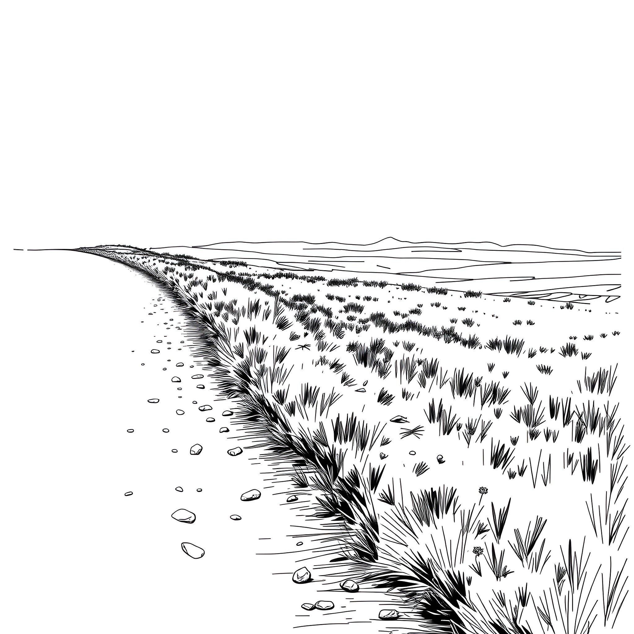 Kerb Road Through Rugged Terrain Coloring Page (free black-and-white line drawing printable PDF for all, from beginners to advanced learners, including children, teens, adults, and seniors)