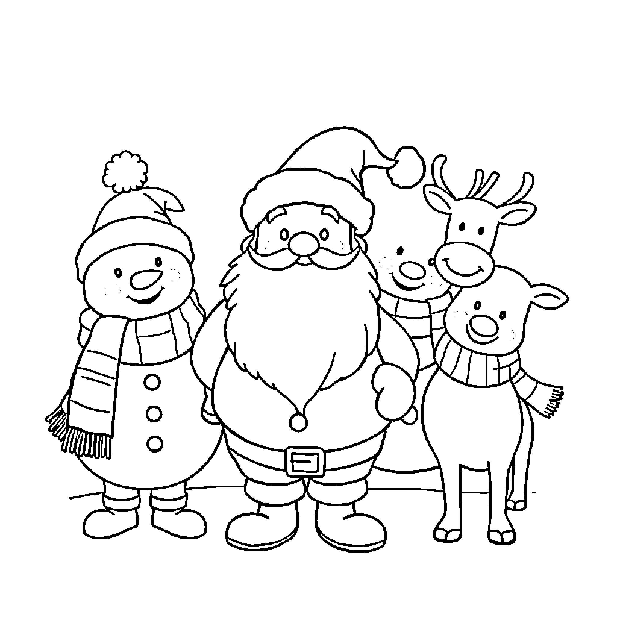 Christmas Character group with Santa, snowman, and reindeer Coloring Page (free black-and-white line drawing printable PDF for all, from beginners to advanced learners, including children, teens, adults, and seniors)