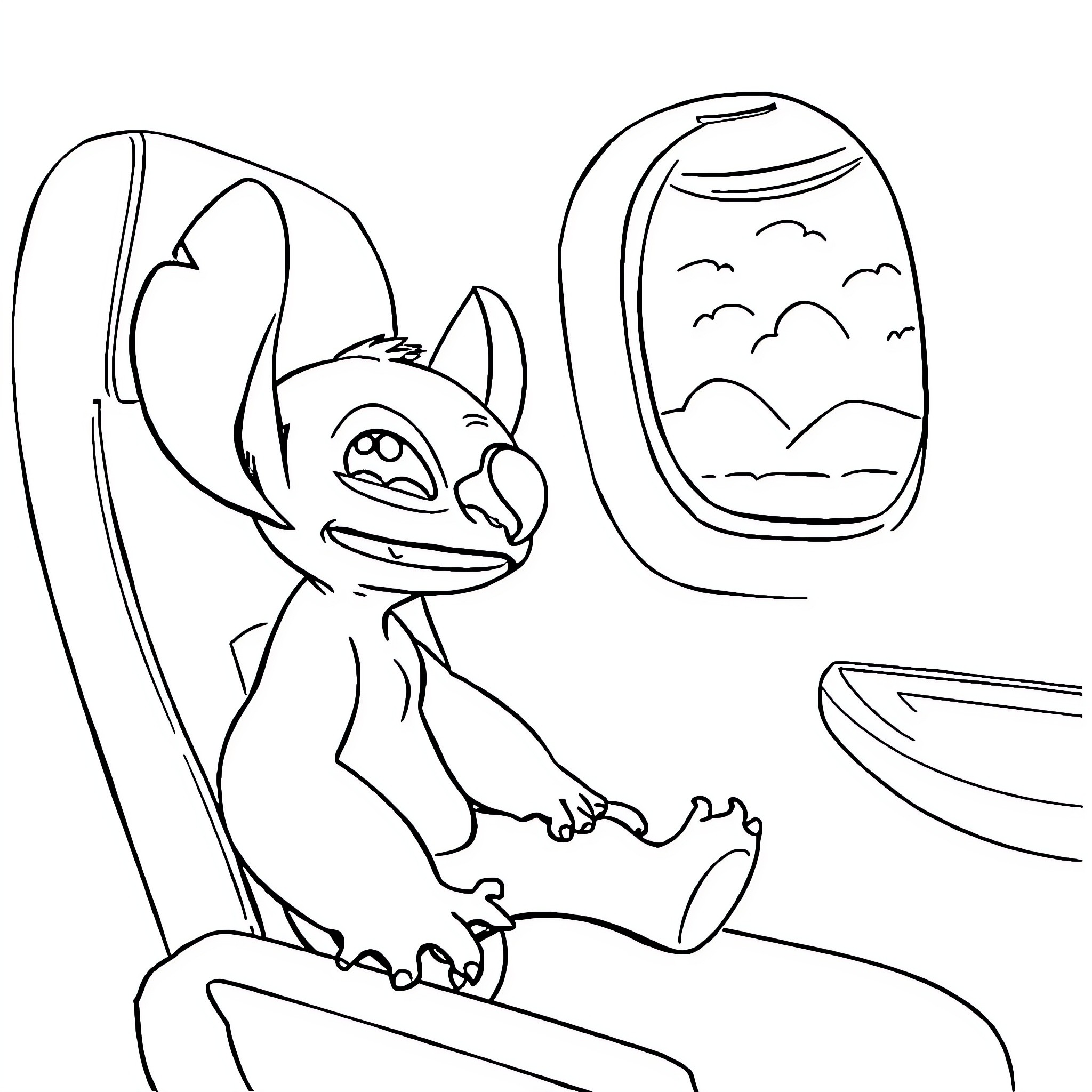 Stitch relaxing on an airplane seat Coloring Page (free black-and-white line drawing printable PDF for all, from beginners to advanced learners, including children, teens, adults, and seniors)