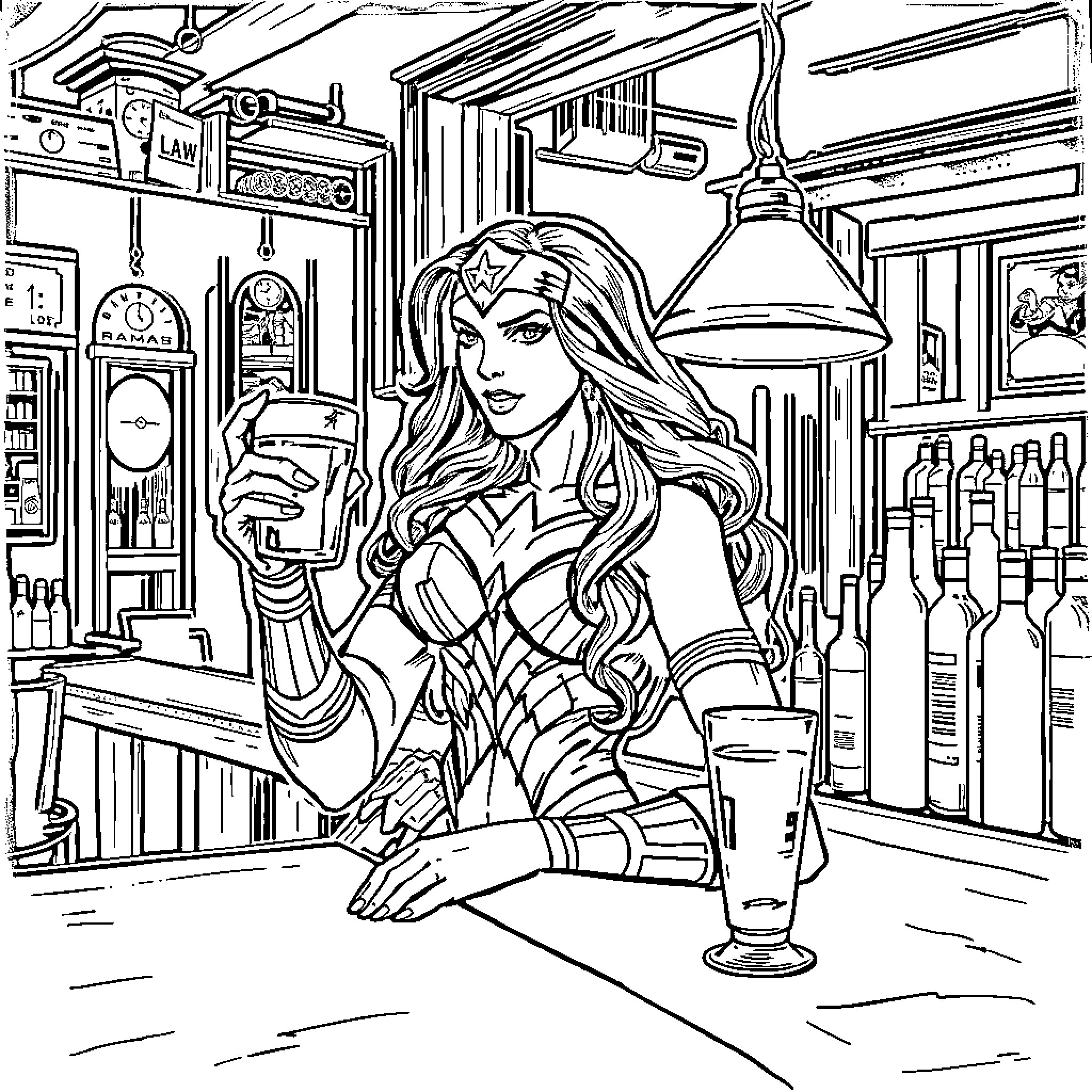 Wonder Woman Enjoying a Drink at the Bar Coloring Page (free black-and-white line drawing printable PDF for all, from beginners to advanced learners, including children, teens, adults, and seniors)