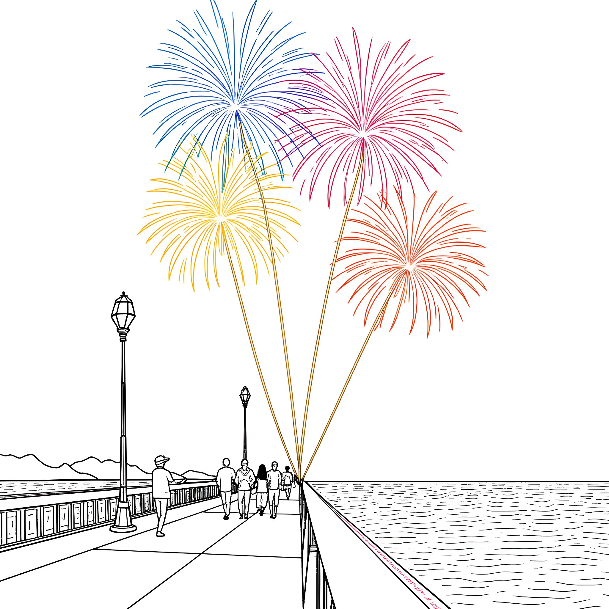 Firework display over a scenic lakeside promenade Coloring Page (free black-and-white line drawing printable PDF for all, from beginners to advanced learners, including children, teens, adults, and seniors)