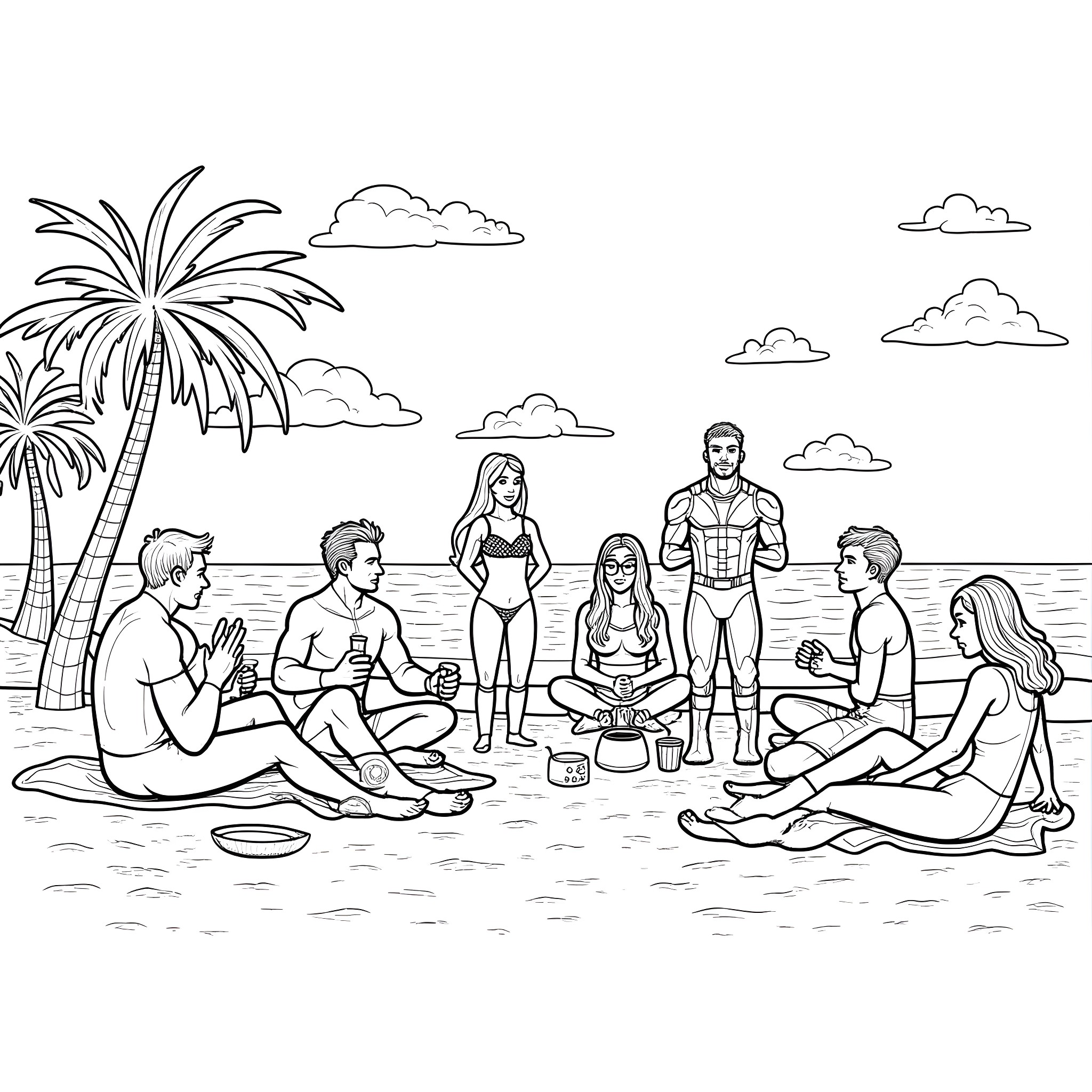 Avengers relaxing on the beach Coloring Page (free black-and-white line drawing printable PDF for all, from beginners to advanced learners, including children, teens, adults, and seniors)