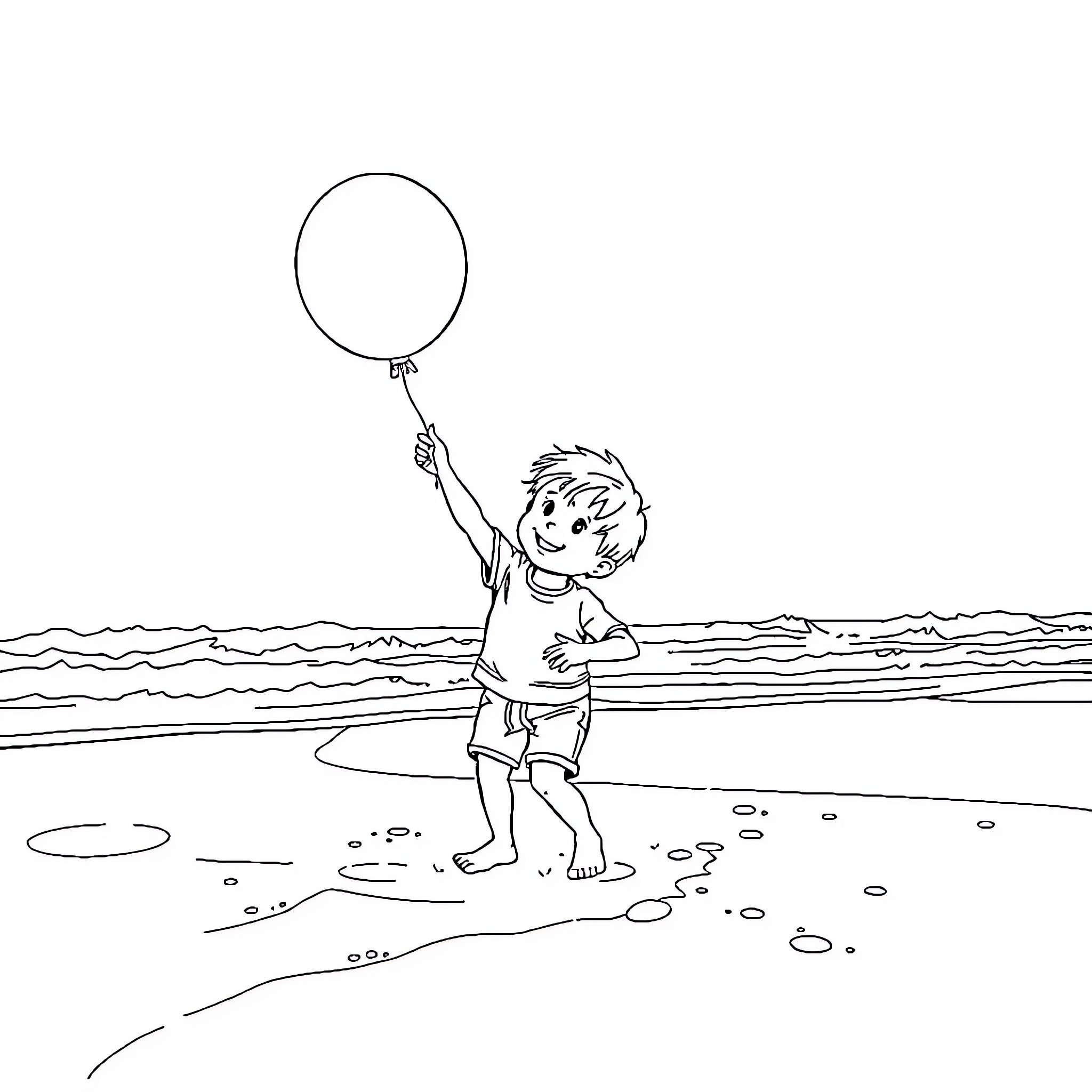 Child playing with balloon on the beach Coloring Page (free black-and-white line drawing printable PDF for all, from beginners to advanced learners, including children, teens, adults, and seniors)