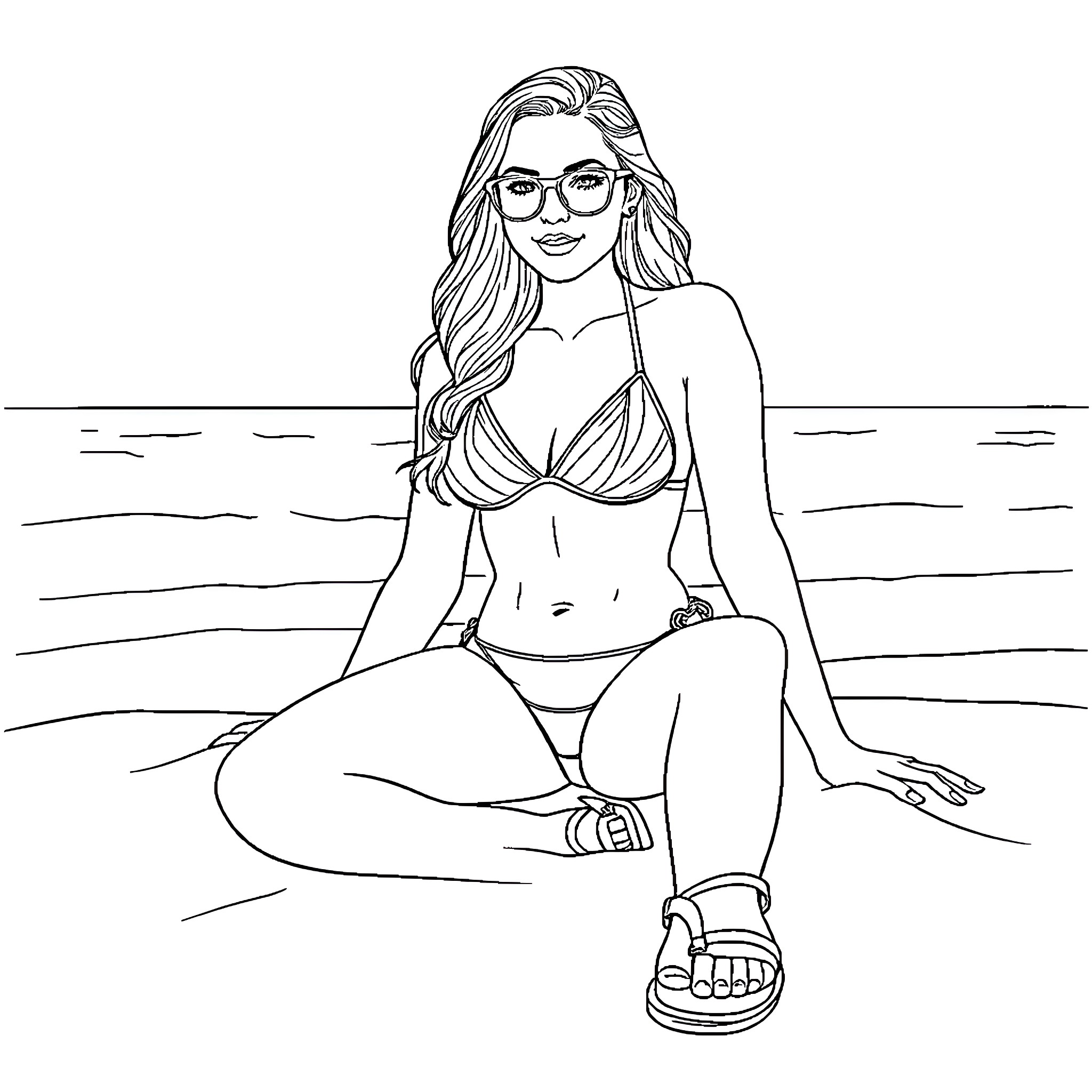 Sydney Sweeney relaxing on the beach Coloring Page (free black-and-white line drawing printable PDF for all, from beginners to advanced learners, including children, teens, adults, and seniors)