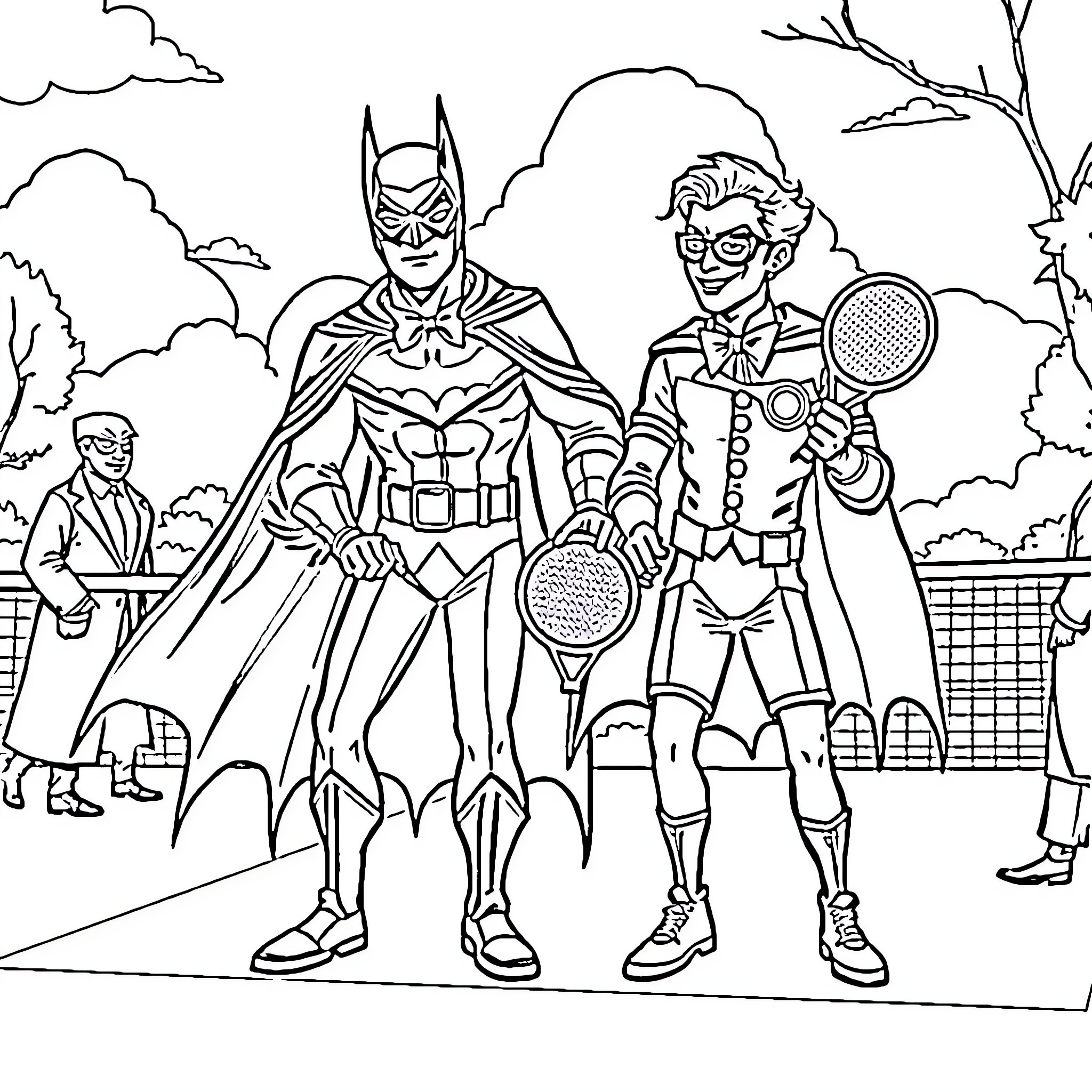 Batman and Joker playing tennis in the park Coloring Page (free black-and-white line drawing printable PDF for all, from beginners to advanced learners, including children, teens, adults, and seniors)