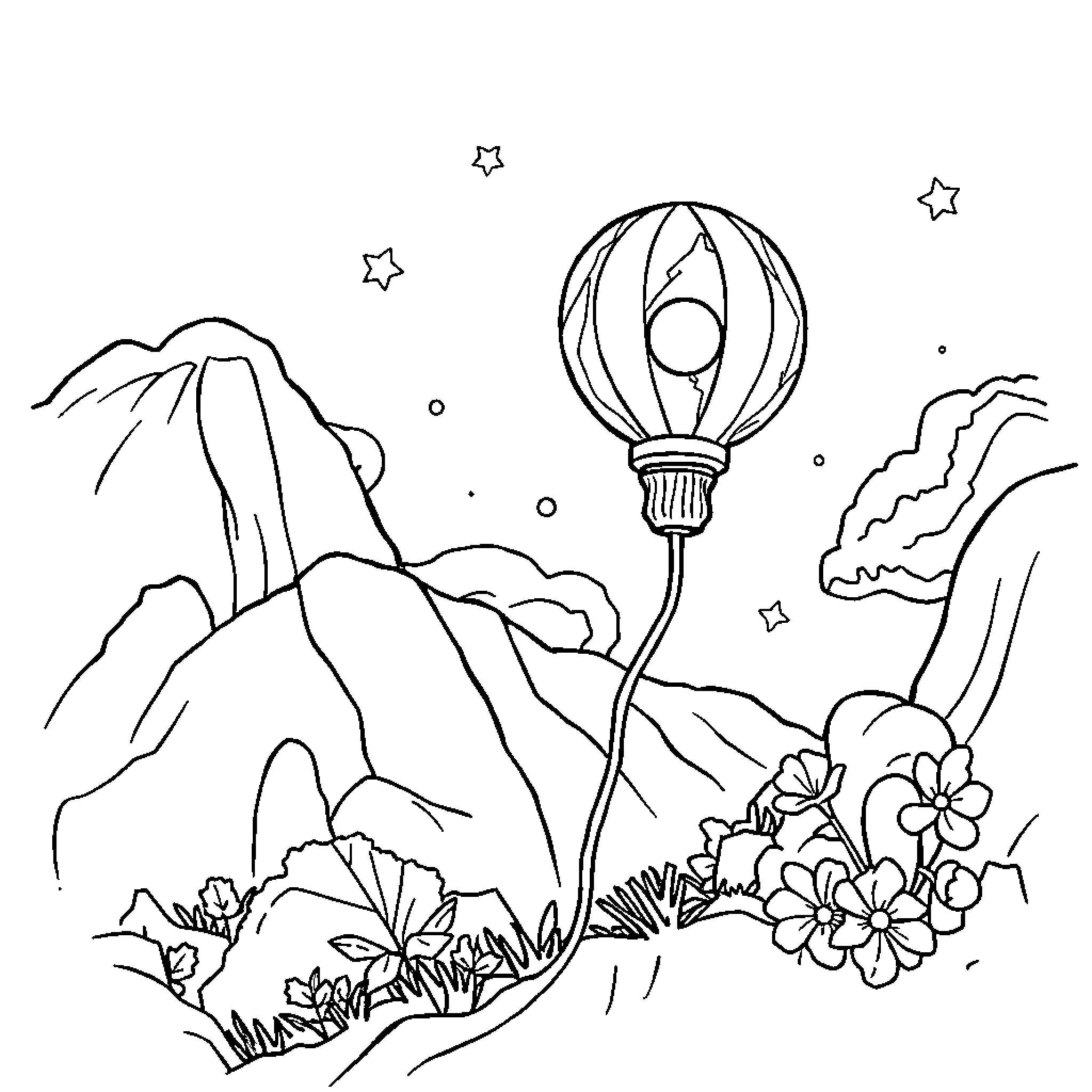 Lightning Illuminates Whimsical Hot Air Balloon Adventure Coloring Page (free black-and-white line drawing printable PDF for all, from beginners to advanced learners, including children, teens, adults, and seniors)