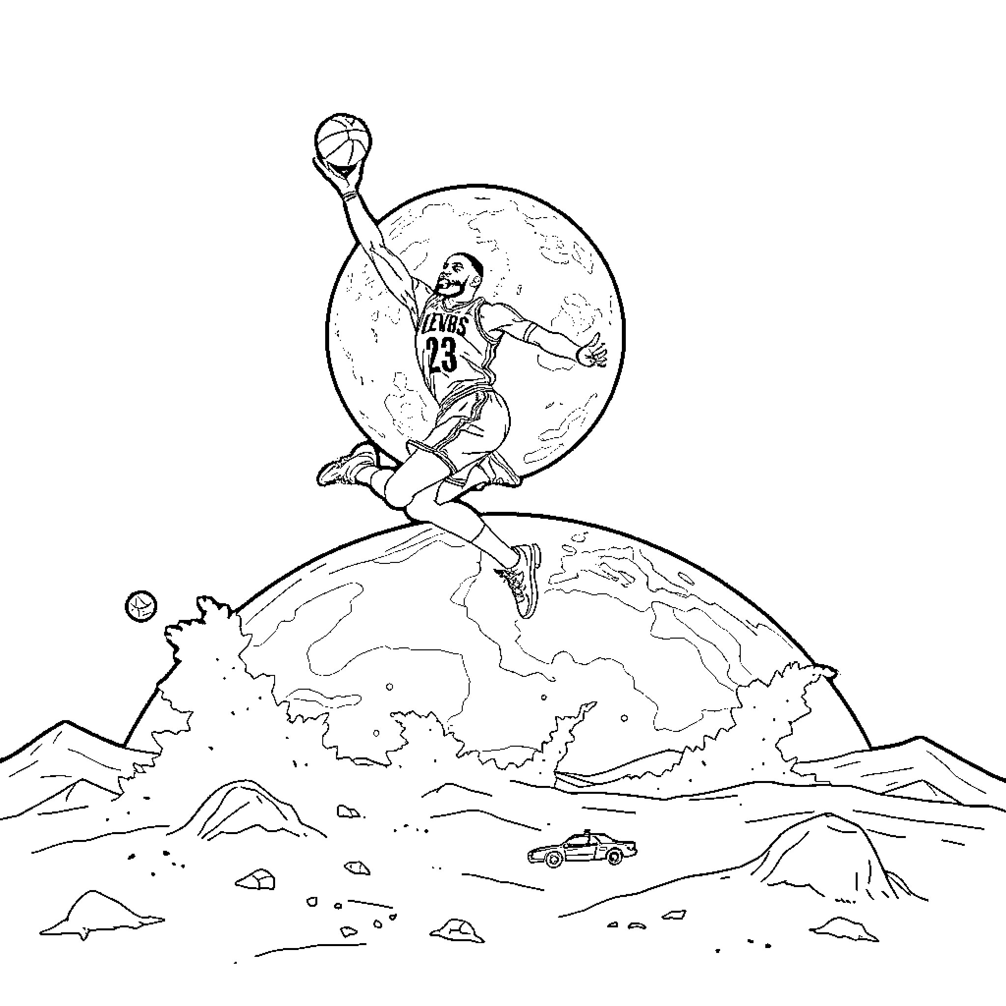 LeBron soaring on a basketball over the world Coloring Page (free black-and-white line drawing printable PDF for all, from beginners to advanced learners, including children, teens, adults, and seniors)