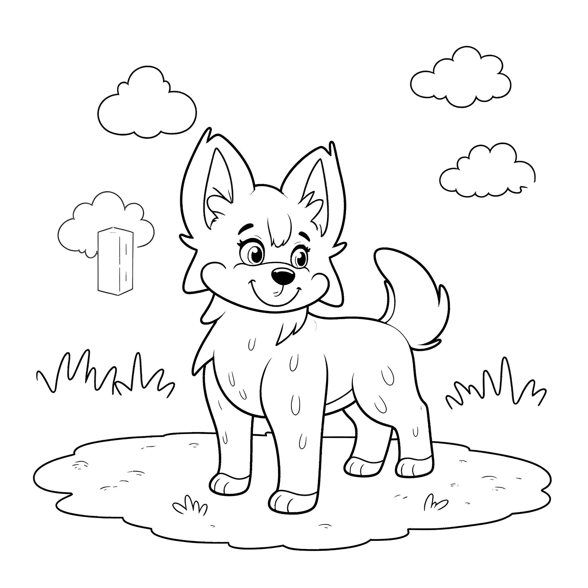 Minecraft dog playing in the field Coloring Page (free black-and-white line drawing printable PDF for all, from beginners to advanced learners, including children, teens, adults, and seniors)