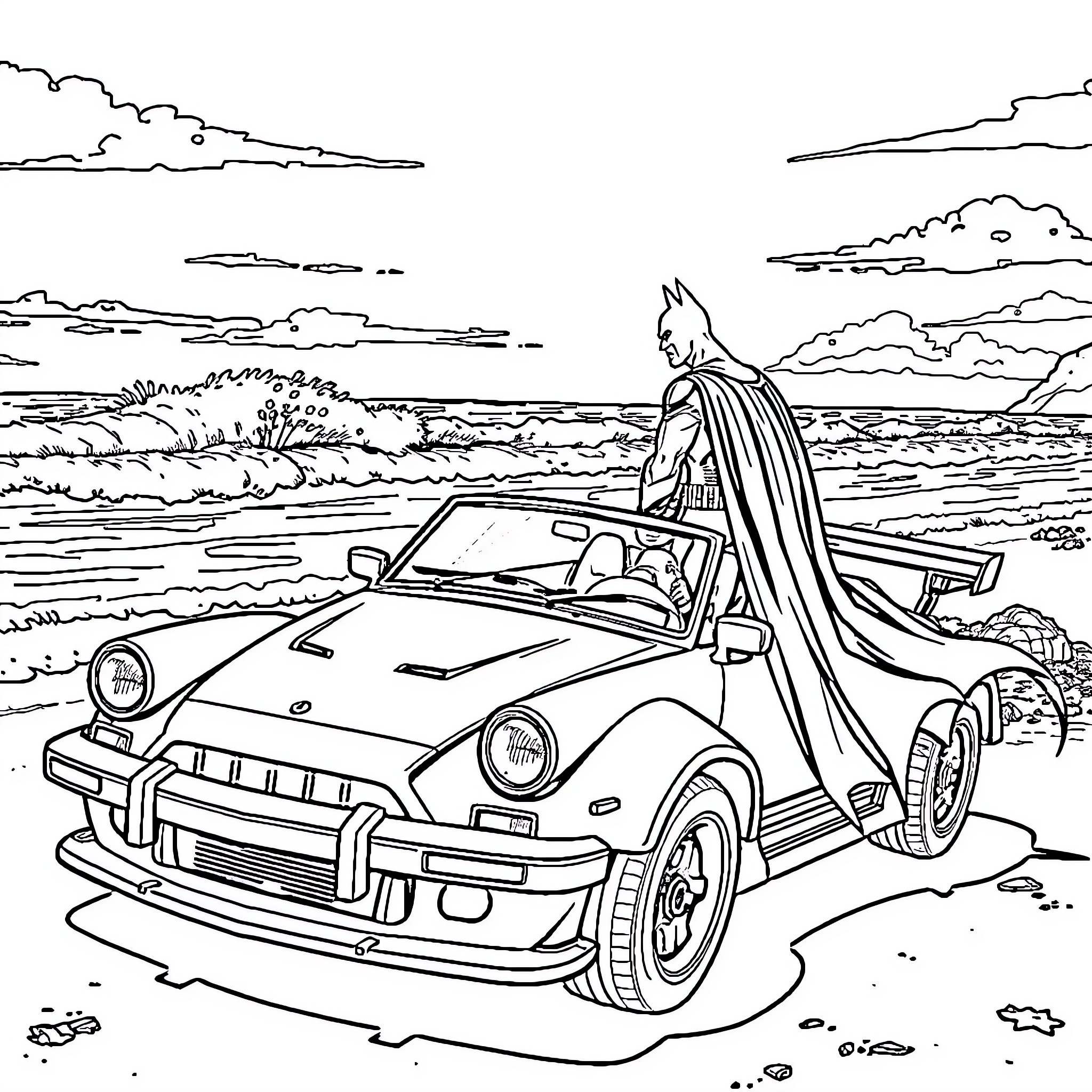Car superhero cruises the open road Coloring Page (free black-and-white line drawing printable PDF for all, from beginners to advanced learners, including children, teens, adults, and seniors)