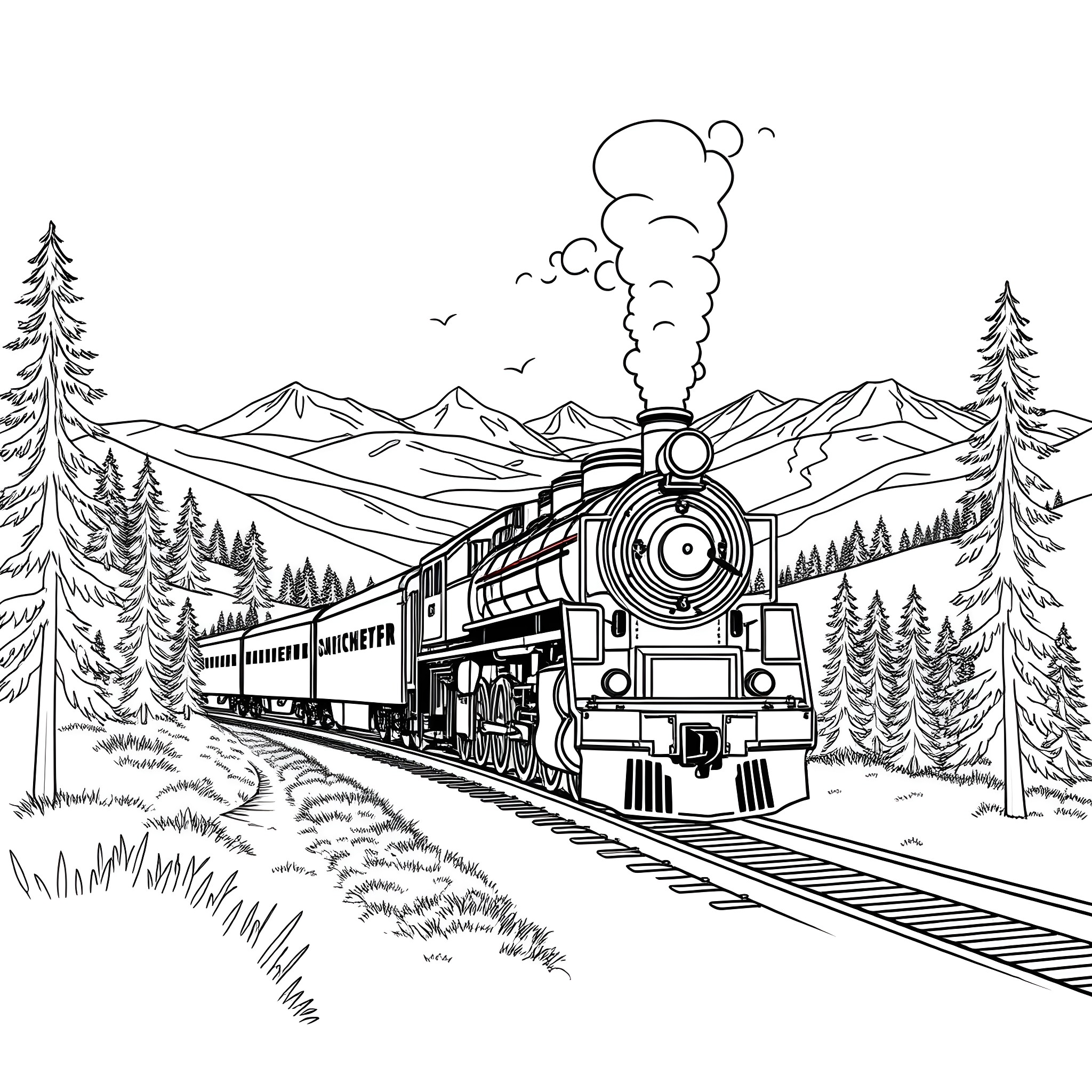 Super Chief Locomotive Journeying Through Mountainous Landscape Coloring Page (free black-and-white line drawing printable PDF for all, from beginners to advanced learners, including children, teens, adults, and seniors)