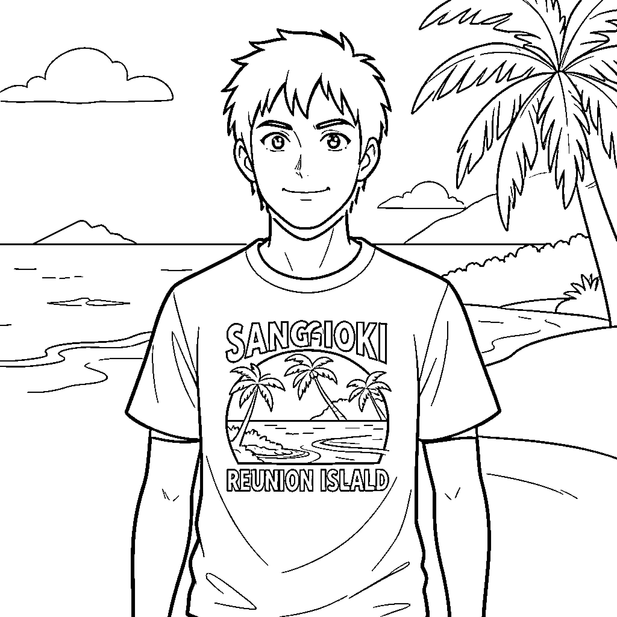 Sangoku smiling while standing on a tropical beach Coloring Page (free black-and-white line drawing printable PDF for all, from beginners to advanced learners, including children, teens, adults, and seniors)
