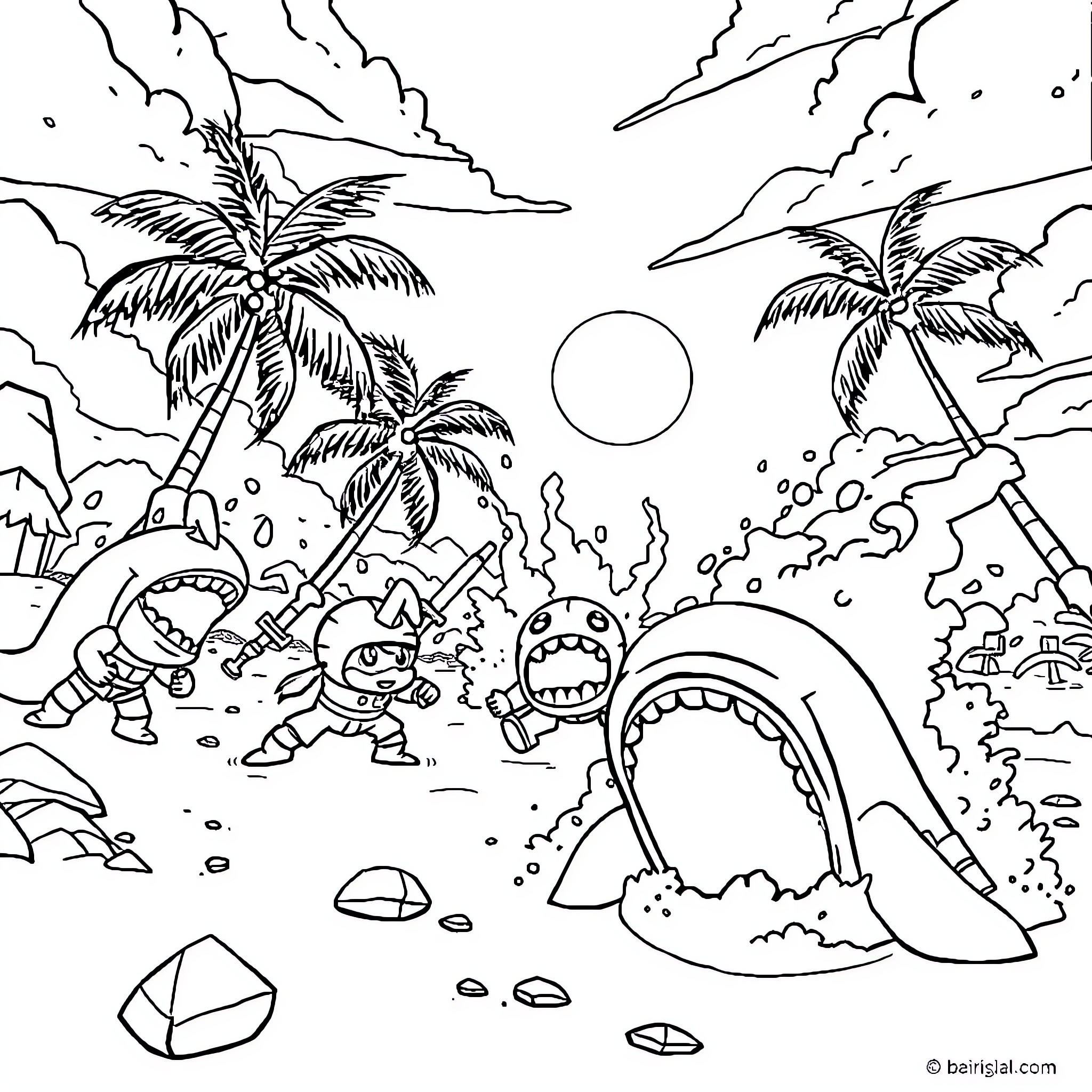 Brawl Stars characters engaging in tropical island battle Coloring Page (free black-and-white line drawing printable PDF for all, from beginners to advanced learners, including children, teens, adults, and seniors)