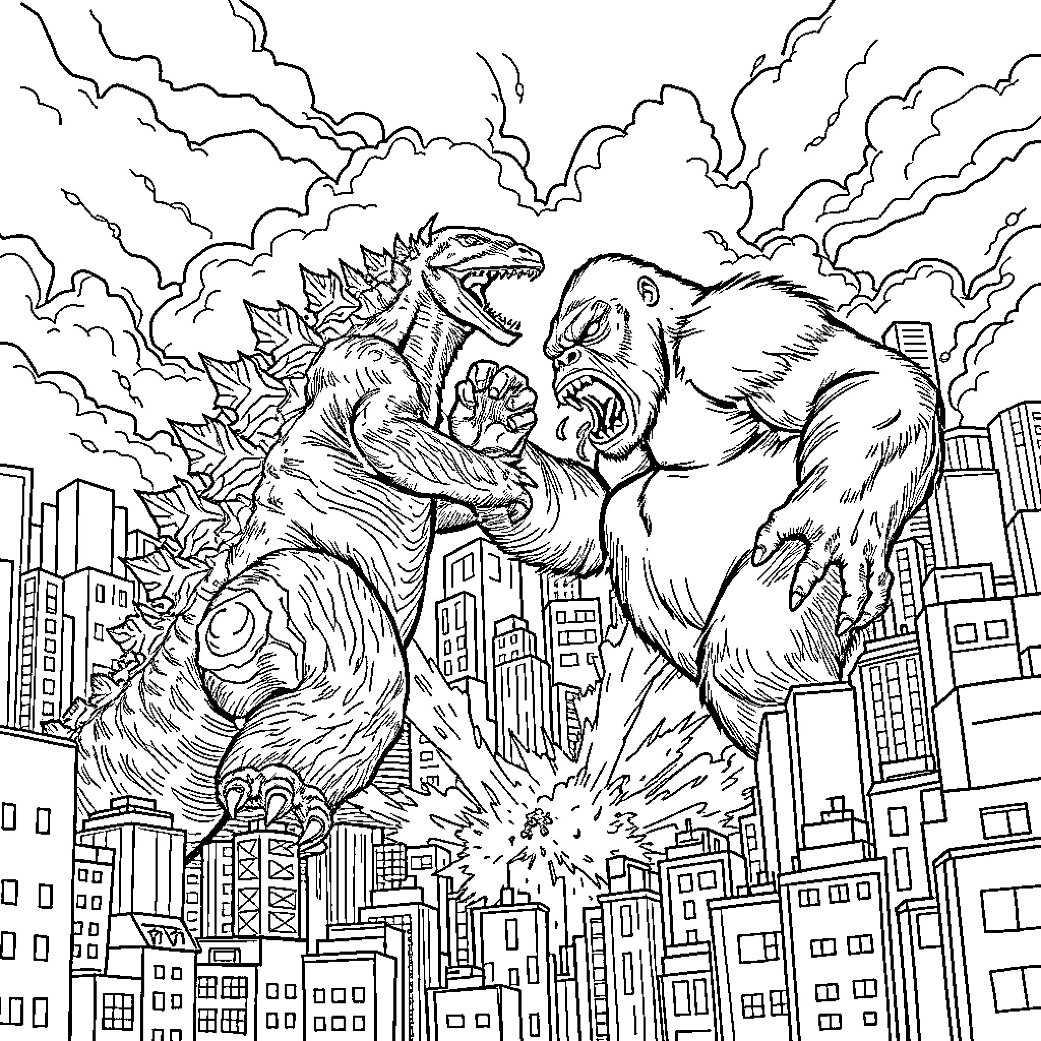 Godzilla and Kong battling over the city Coloring Page (free black-and-white line drawing printable PDF for all, from beginners to advanced learners, including children, teens, adults, and seniors)