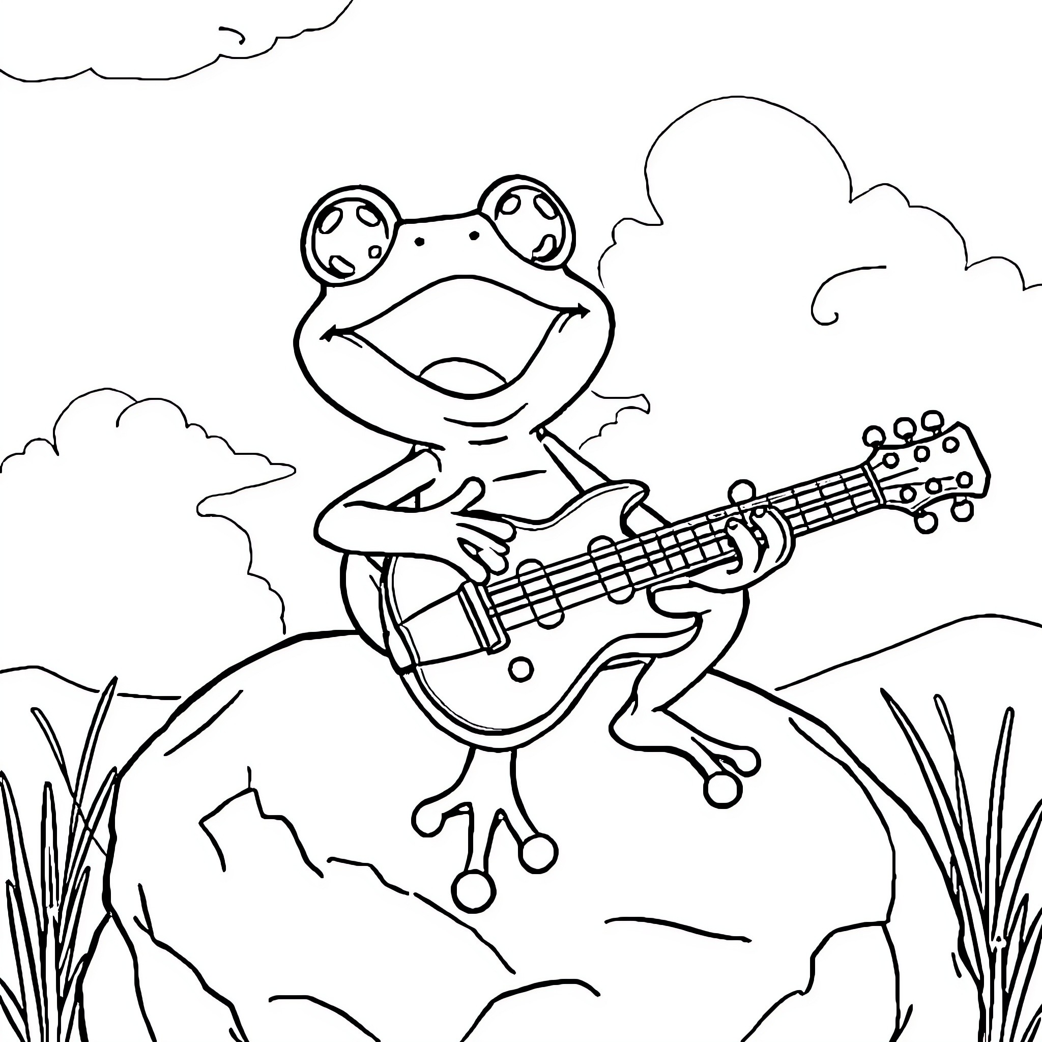 Frog playing guitar on a rock Coloring Page (free black-and-white line drawing printable PDF for all, from beginners to advanced learners, including children, teens, adults, and seniors)