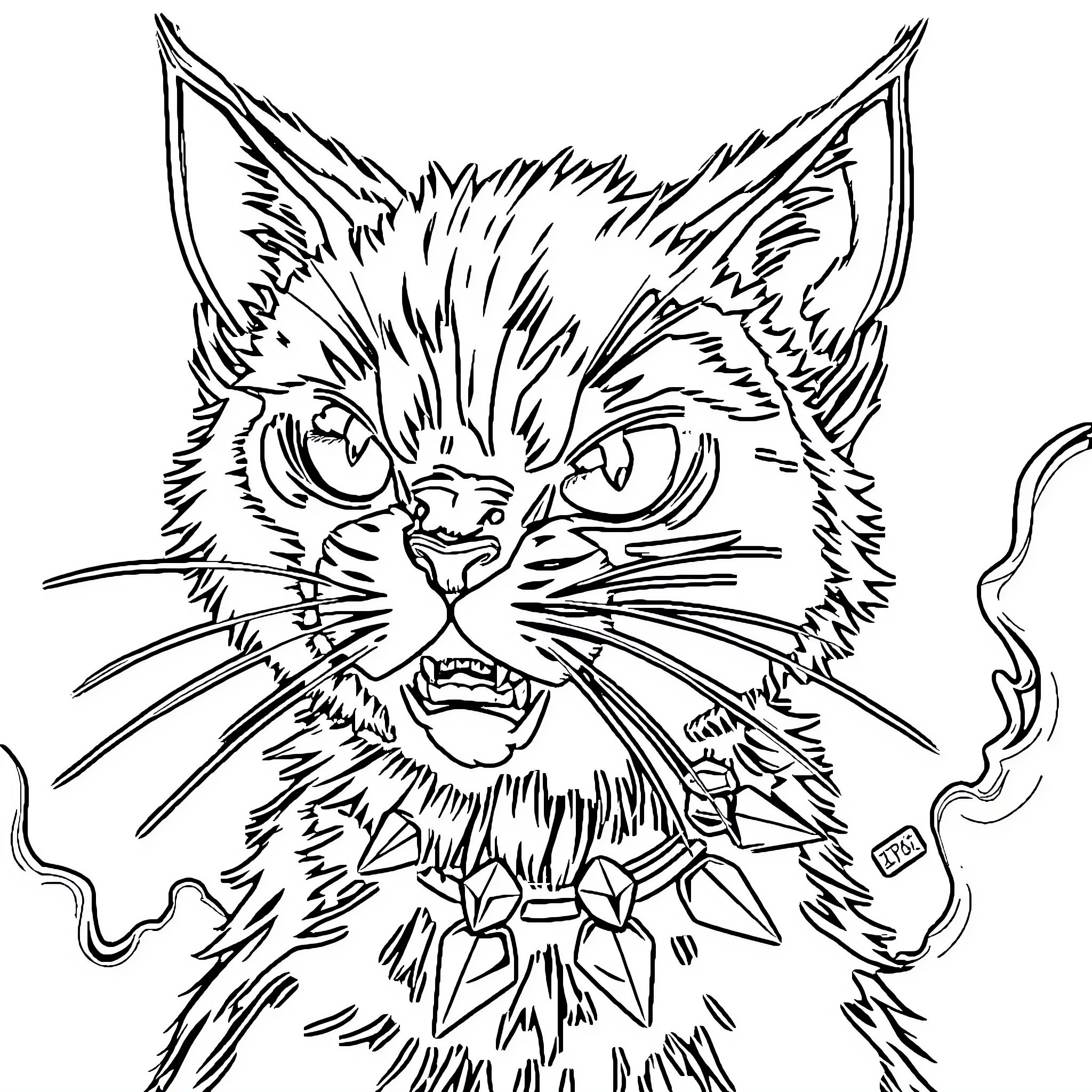 Cat with Fierce Expression Coloring Page (free black-and-white line drawing printable PDF for all, from beginners to advanced learners, including children, teens, adults, and seniors)