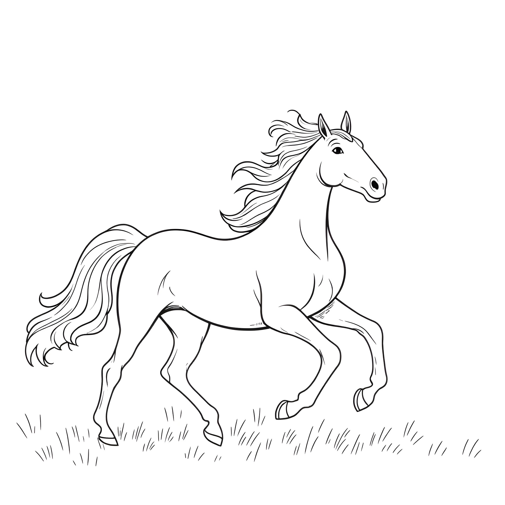 Horse galloping through the meadow Coloring Page (free black-and-white line drawing printable PDF for all, from beginners to advanced learners, including children, teens, adults, and seniors)