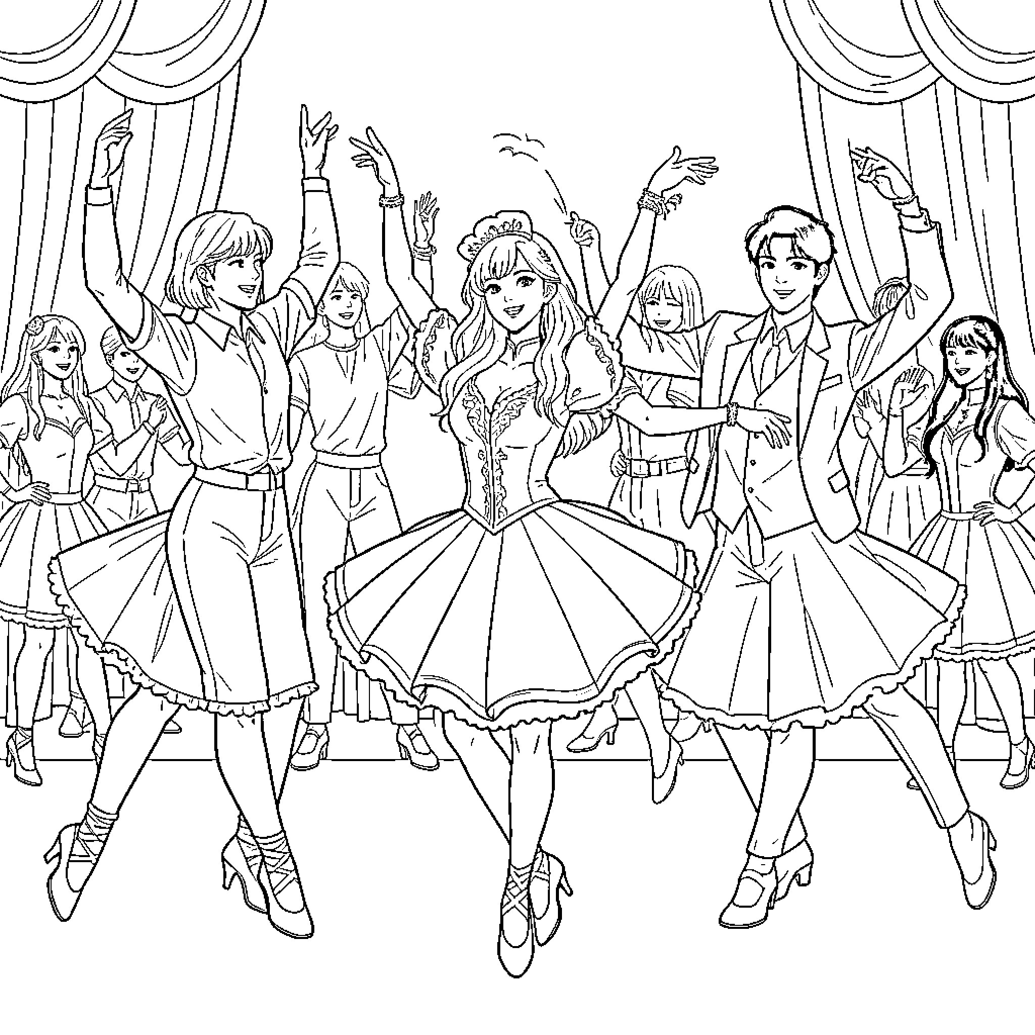 KPop Characters performing a dynamic dance routine on stage Coloring Page (free black-and-white line drawing printable PDF for all, from beginners to advanced learners, including children, teens, adults, and seniors)