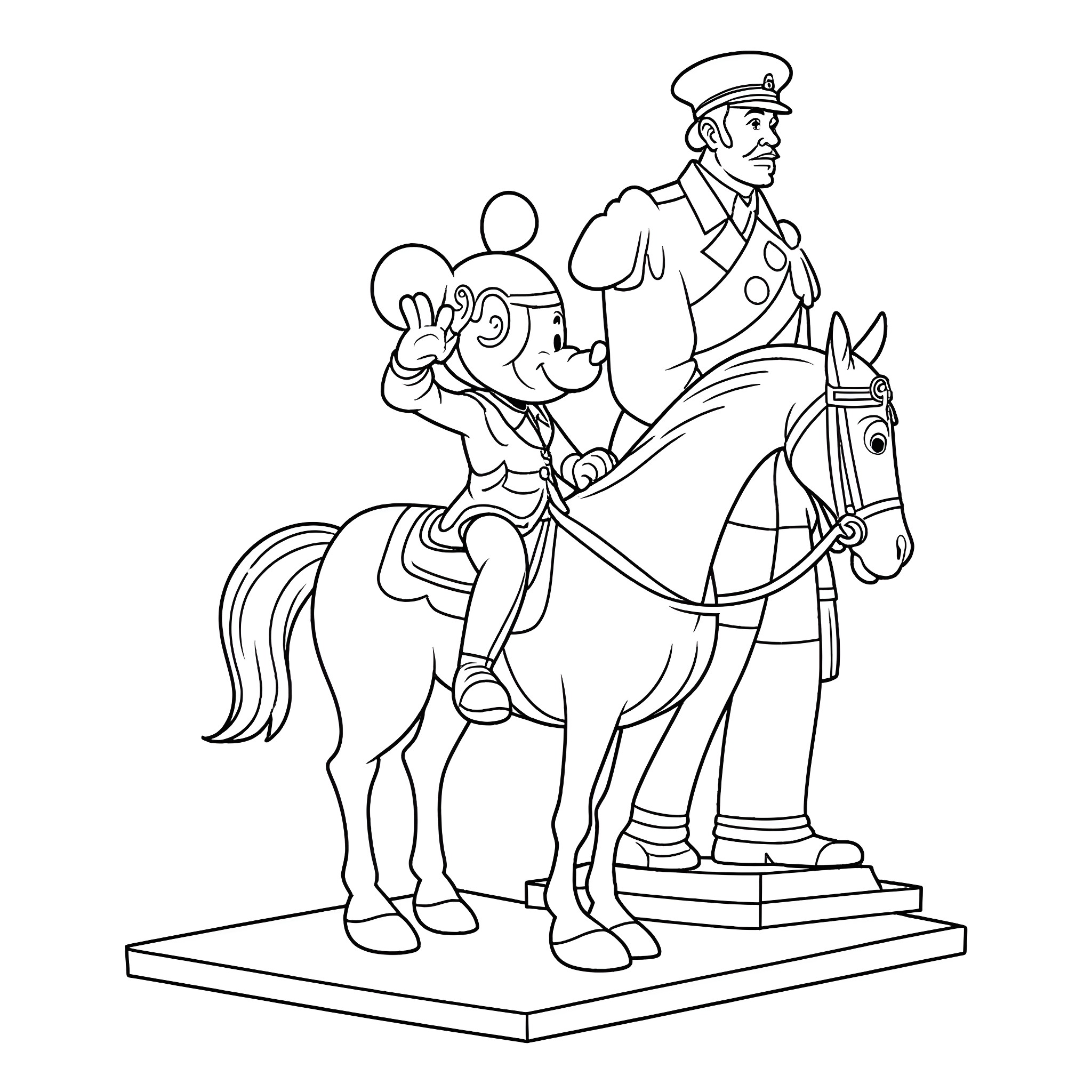 Mickey Mouse riding a horse with a police officer Coloring Page (free black-and-white line drawing printable PDF for all, from beginners to advanced learners, including children, teens, adults, and seniors)