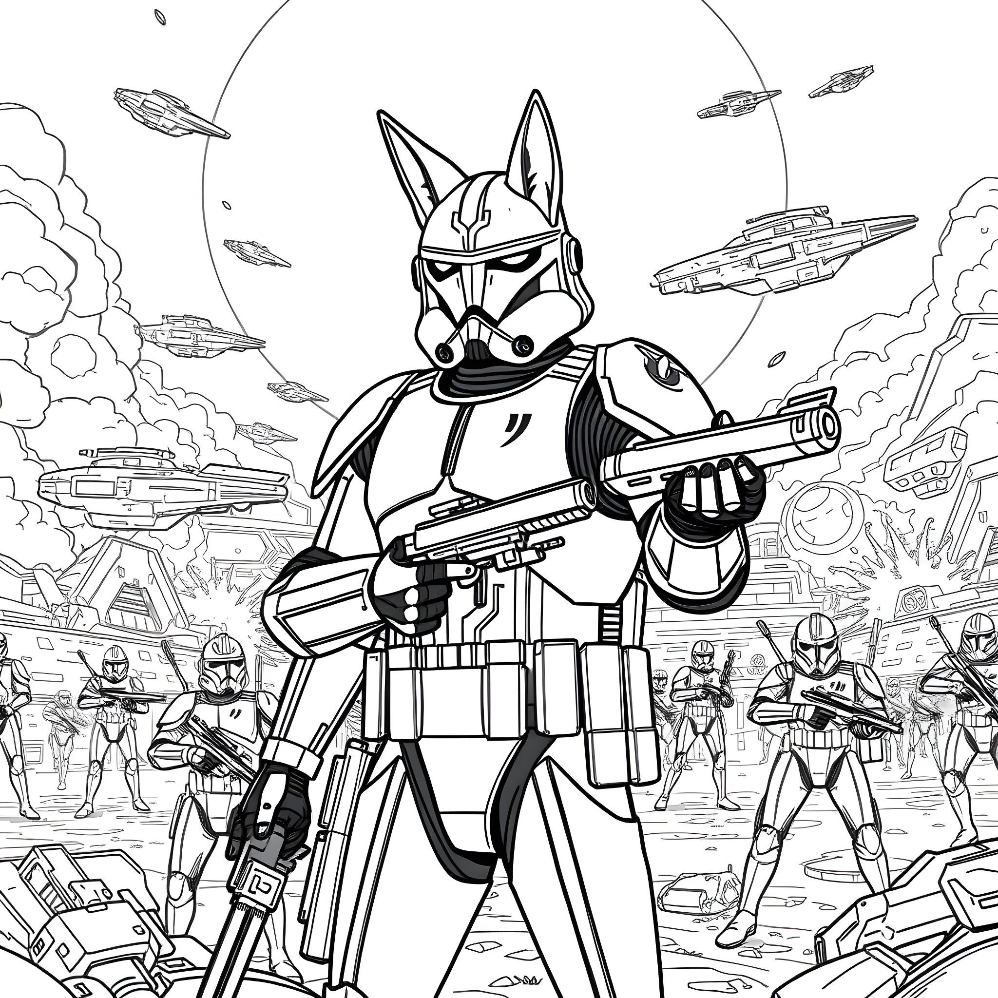 Commander Fox leading the troops in battle Coloring Page (free black-and-white line drawing printable PDF for all, from beginners to advanced learners, including children, teens, adults, and seniors)